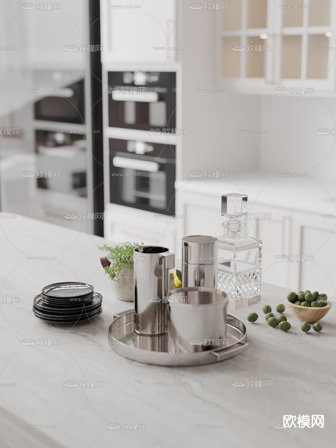 现代厨房摆件 调料 果盘 盆栽 盘子3d模型下载