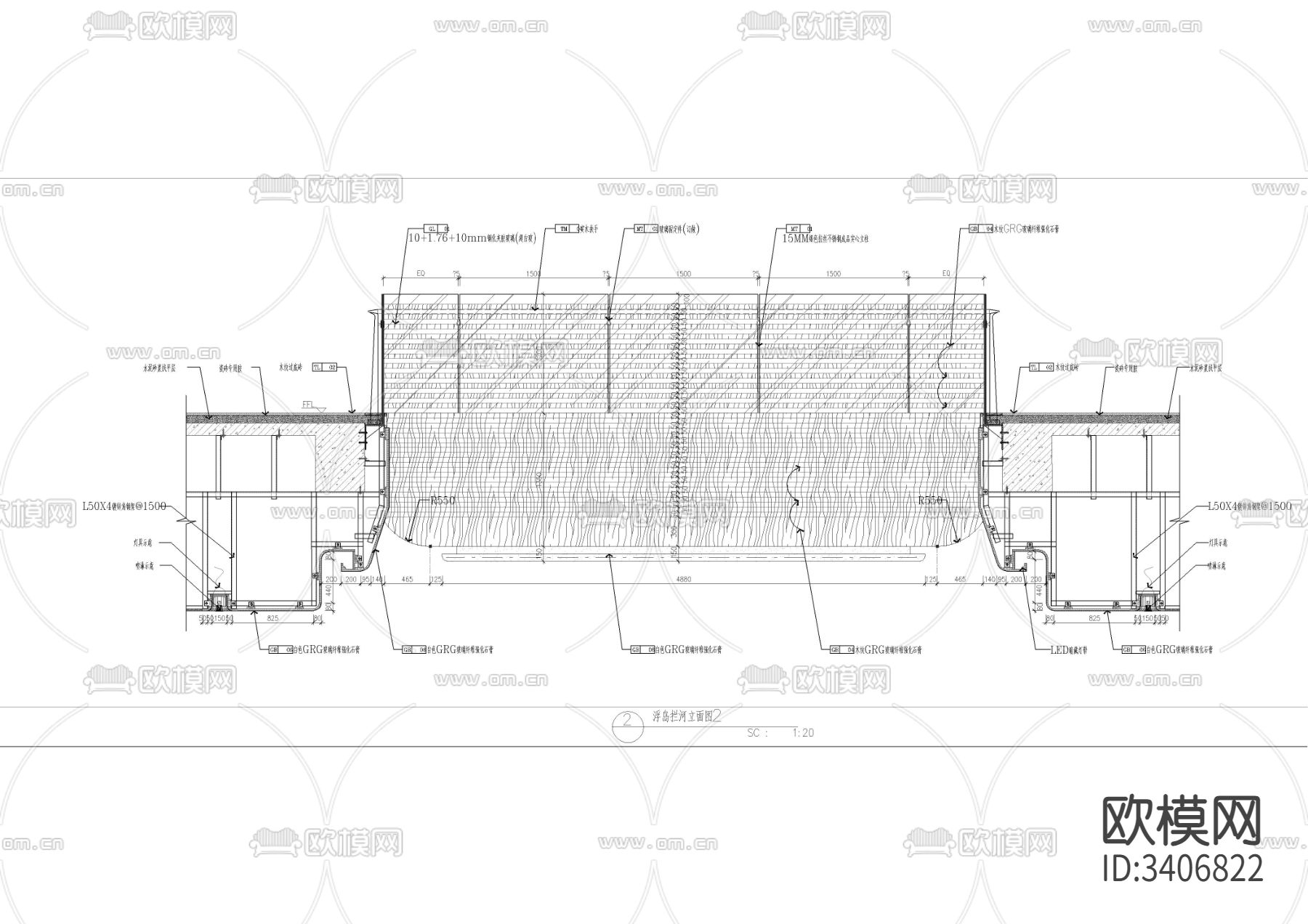 浮岛拦河扶手cad大样图下载（渲染图2）
