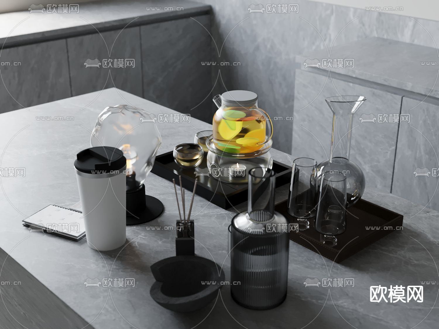 现代茶具 托盘 杯子su模型下载（渲染图2）