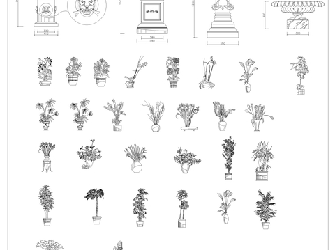  喷泉和经典盆景cad图库 