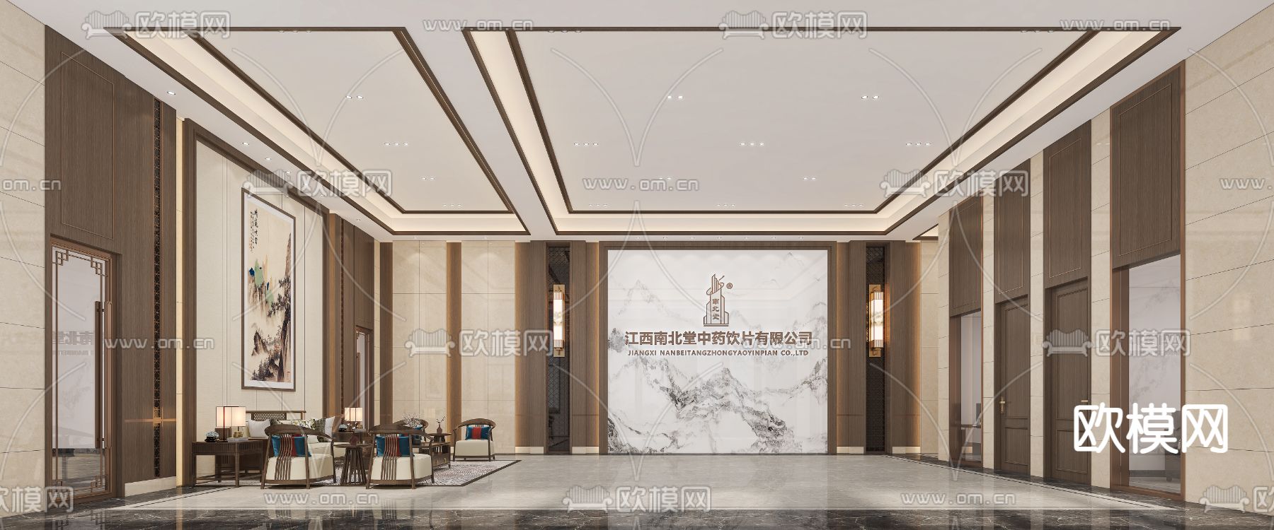 新中式 公司大厅 接待区3d模型下载