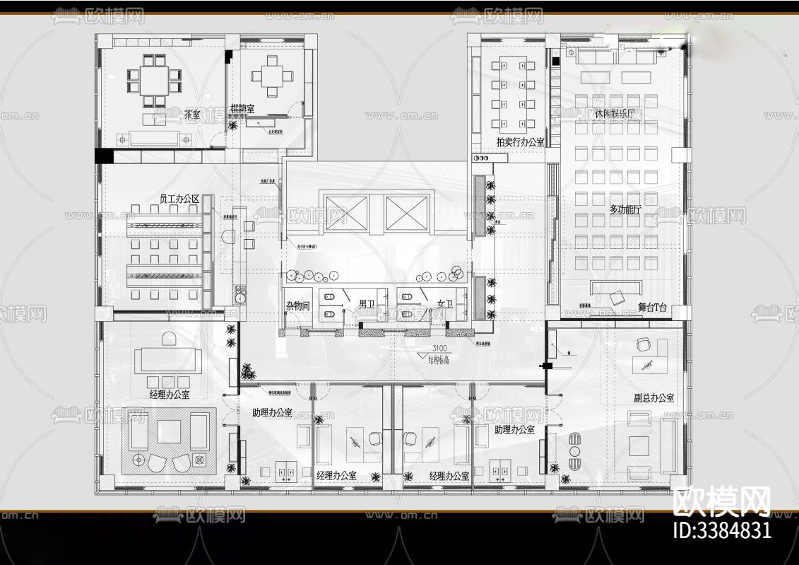 城市花园七层办公室CAD施工图下载（渲染图6）