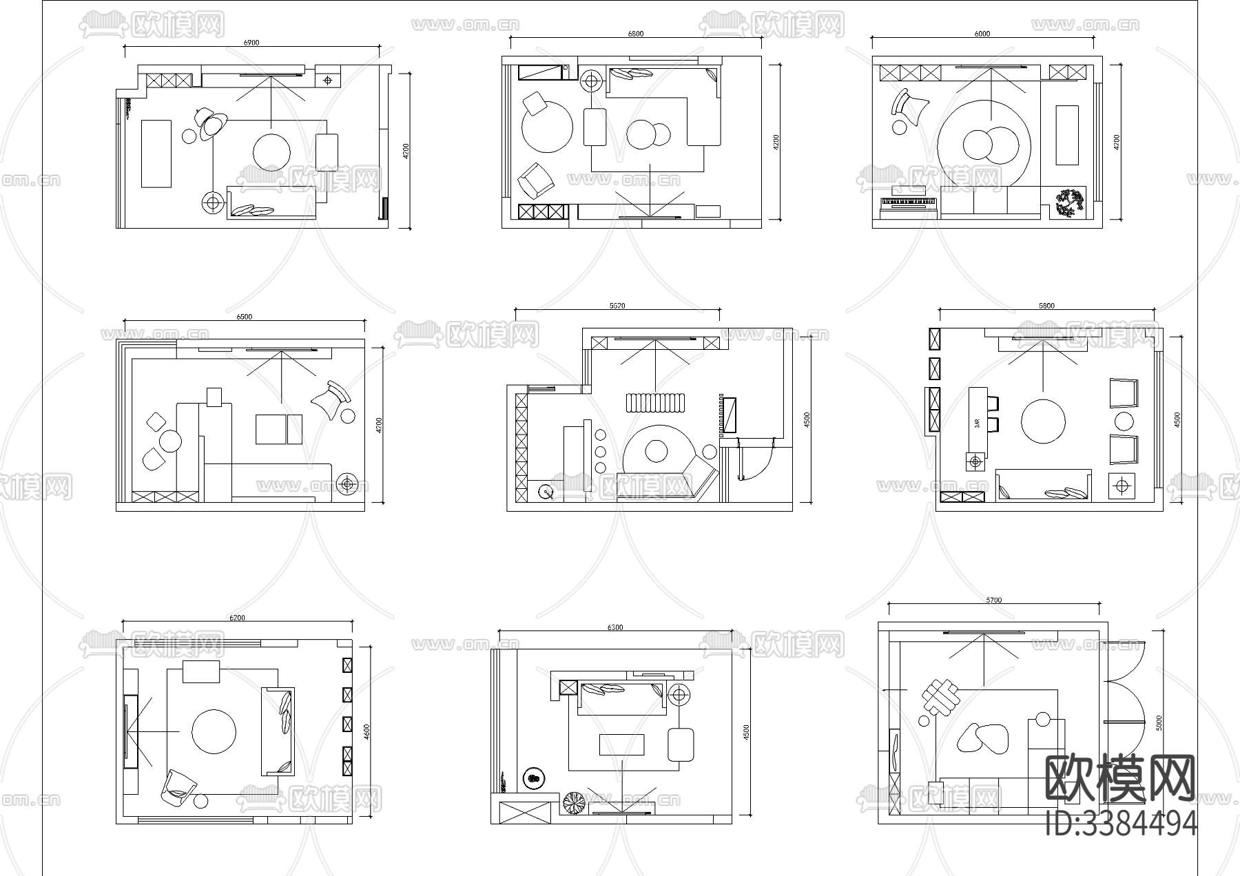 100款客厅布局模块CAD图库下载（渲染图2）