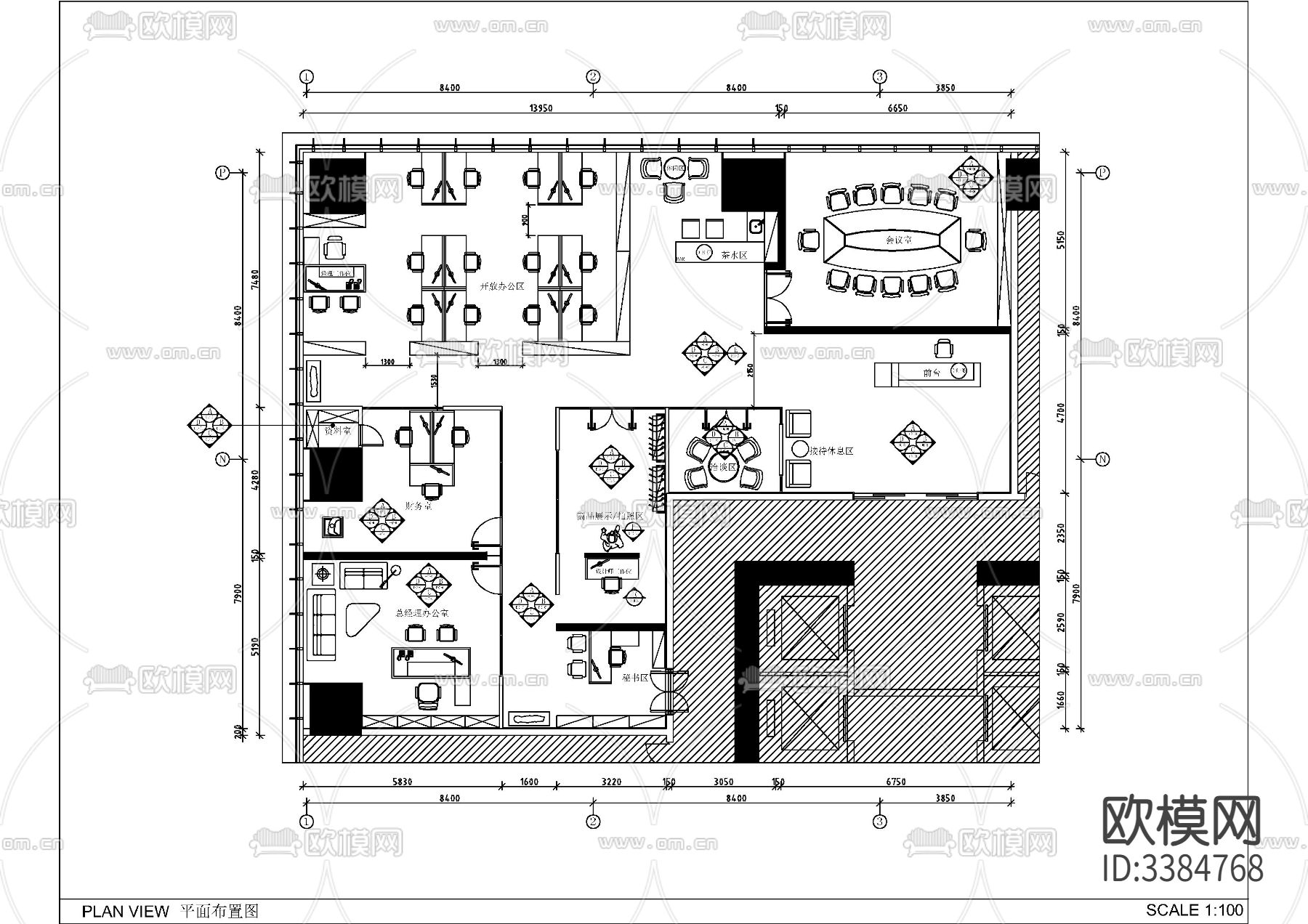 万达广场大平层精品办公户型样板间cad施工图下载（渲染图10）