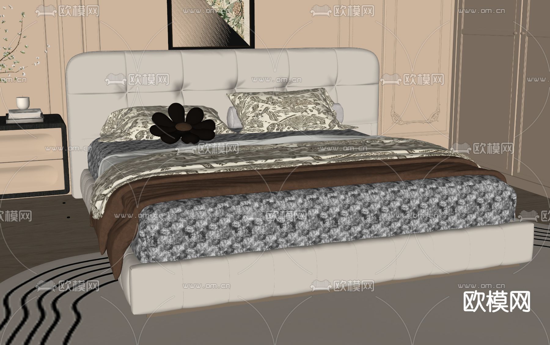 奶油风双人床su模型下载（渲染图1）