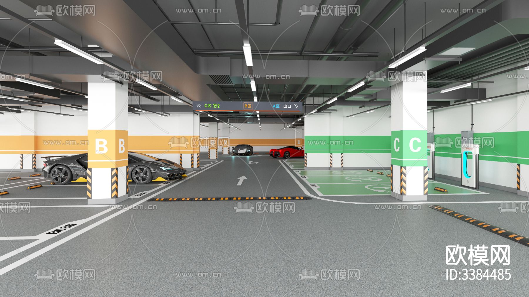 简约地下停车场CAD施工图下载（渲染图7）