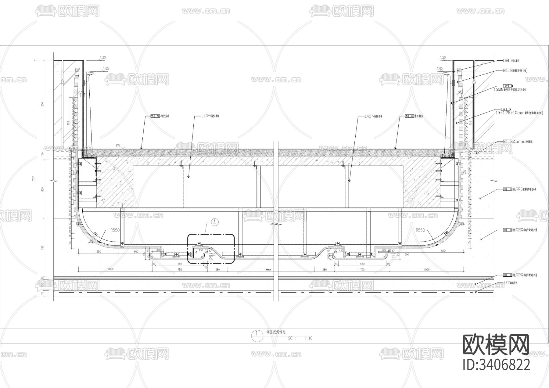 浮岛拦河扶手cad大样图下载（渲染图3）