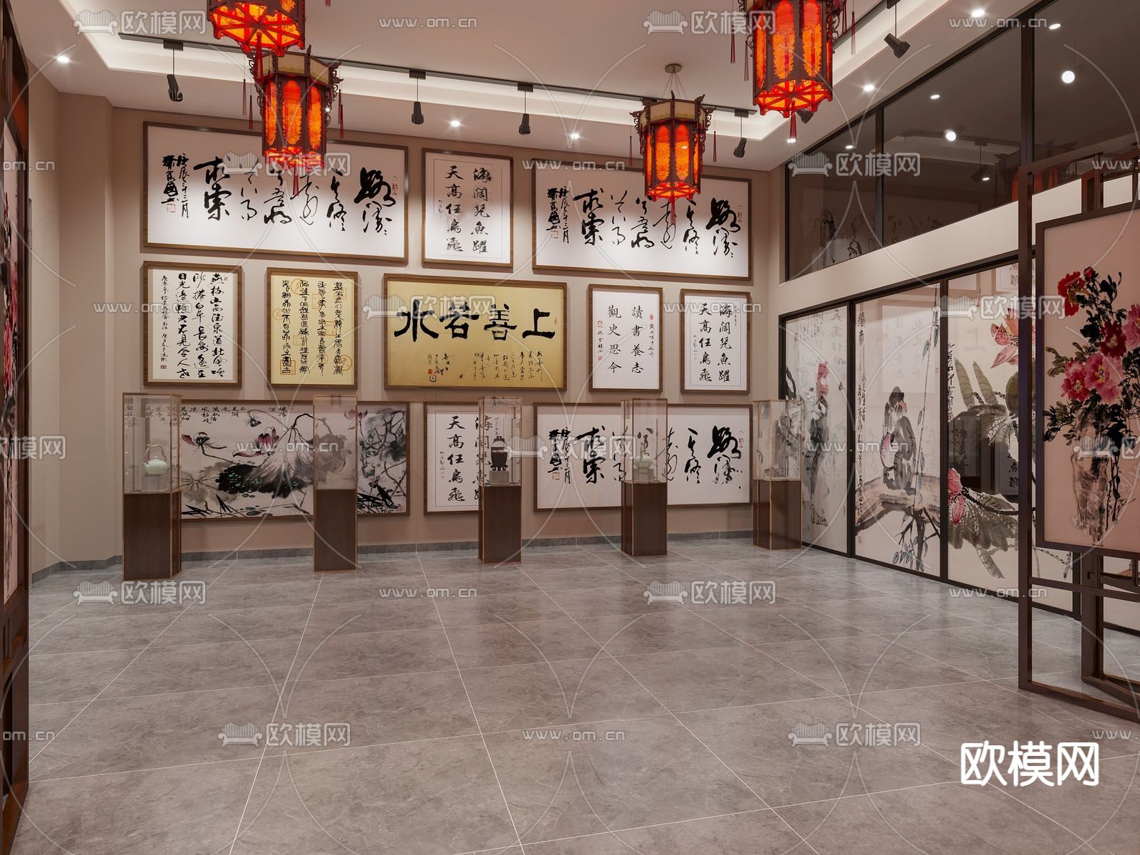 新中式书画展厅3d模型下载