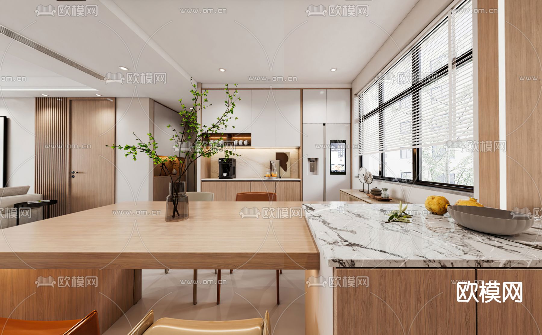 原木风岛台 餐桌椅3d模型下载