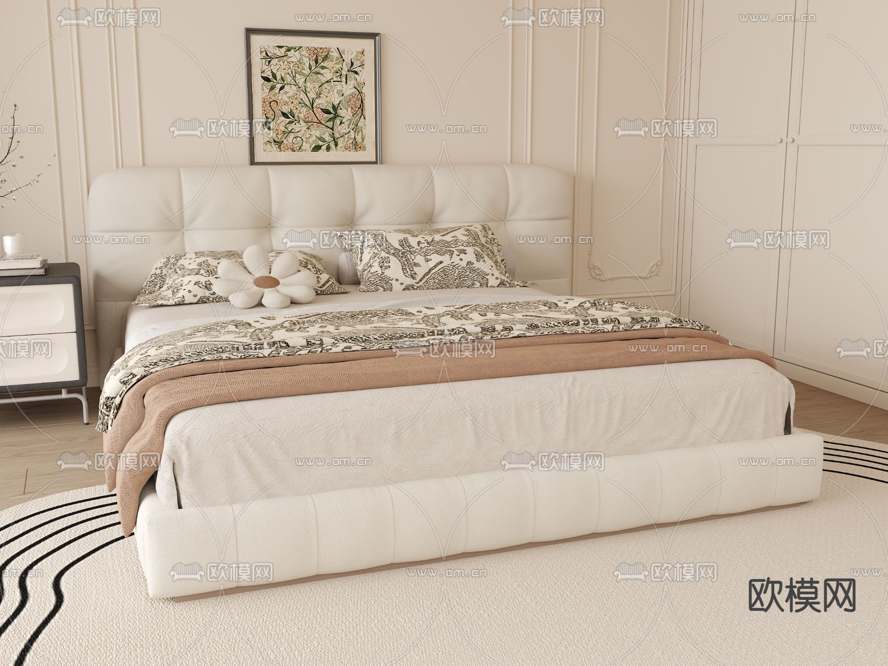 奶油风双人床su模型下载（渲染图2）