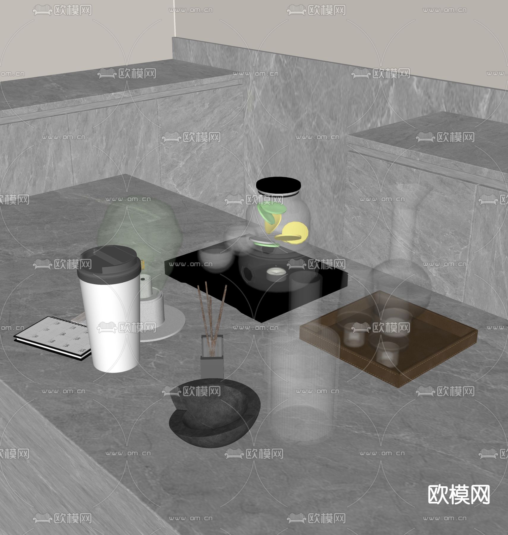 现代茶具 托盘 杯子su模型下载（渲染图1）