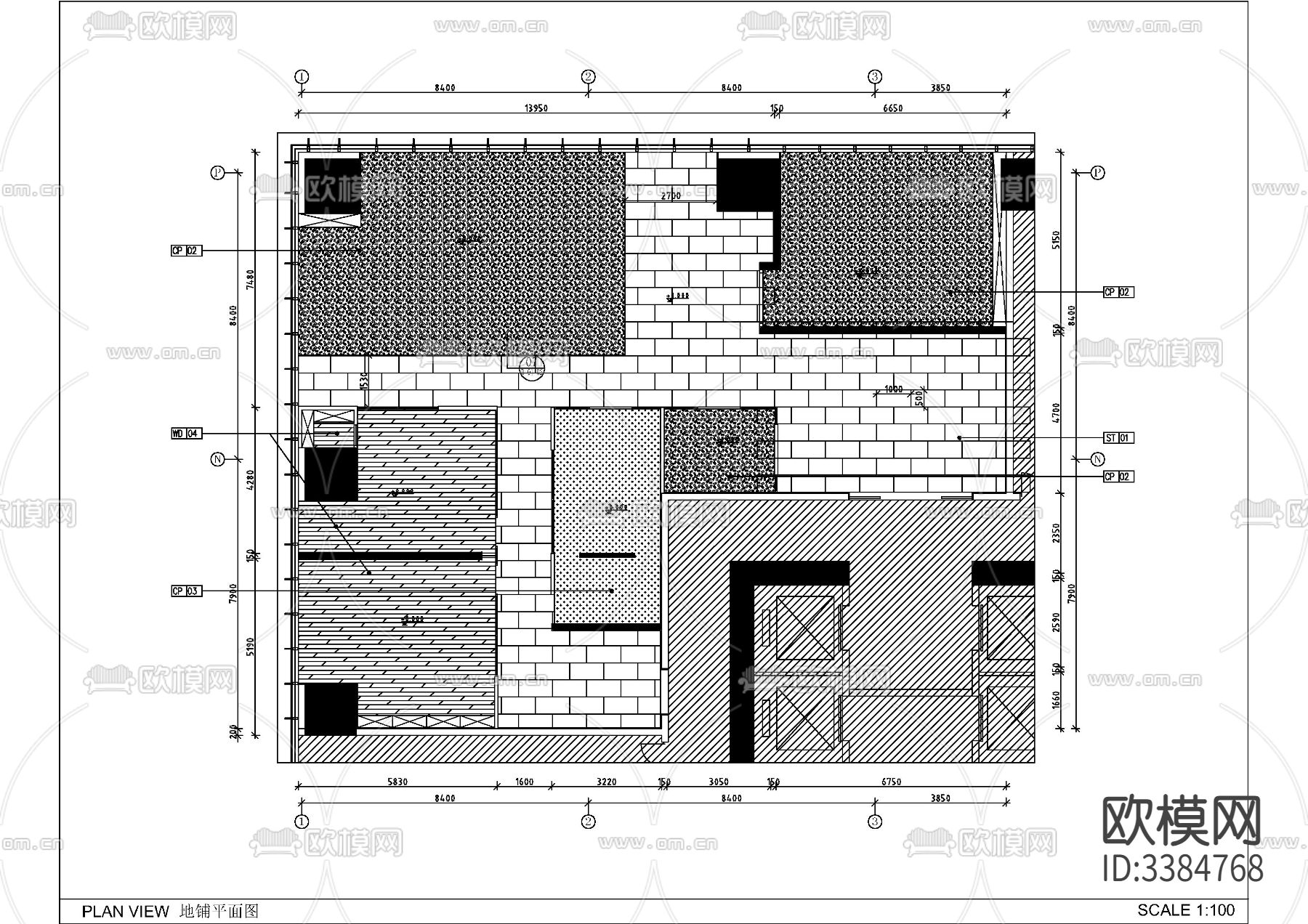 万达广场大平层精品办公户型样板间cad施工图下载（渲染图6）