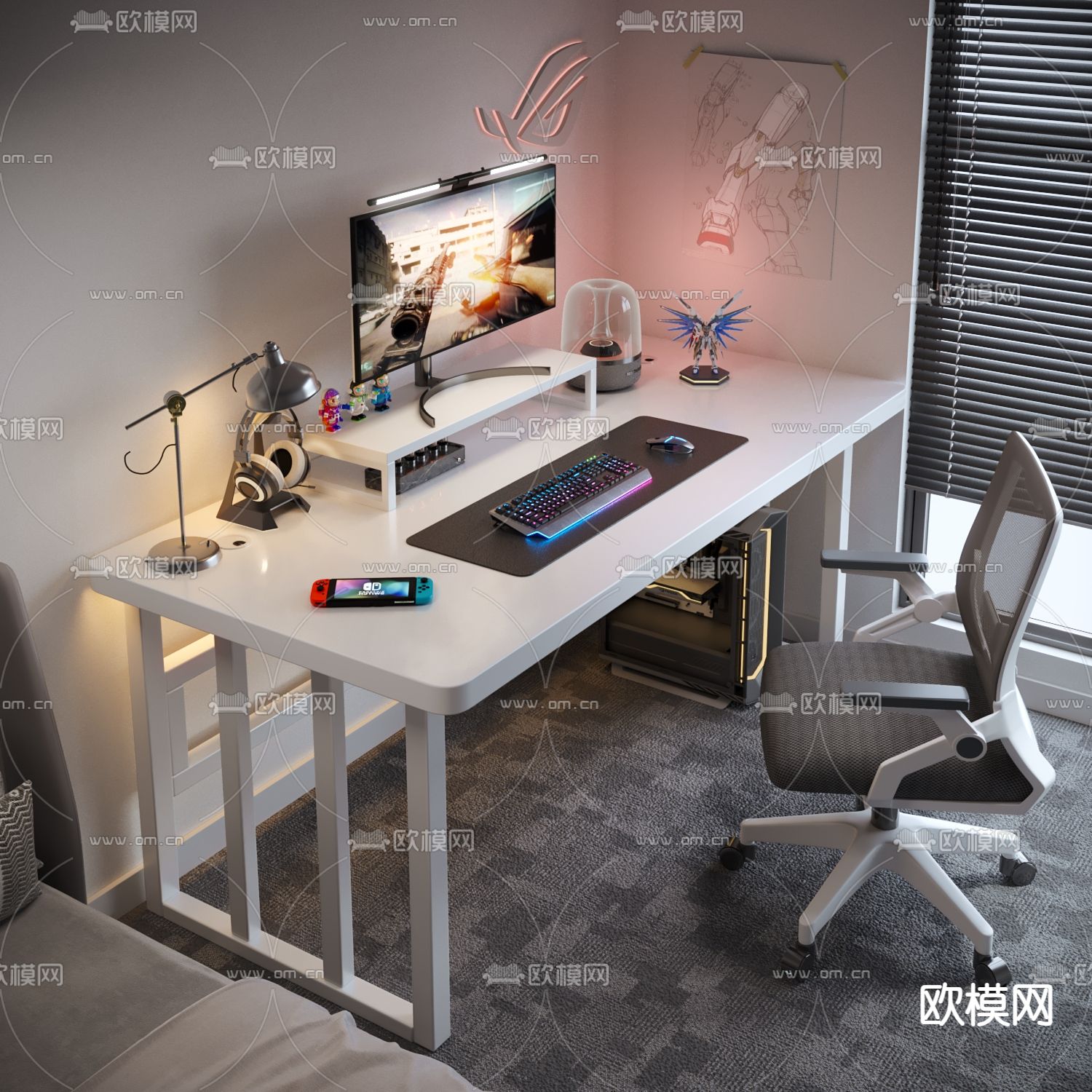 现代电脑桌 电竞桌 书桌 学习桌3d模型下载