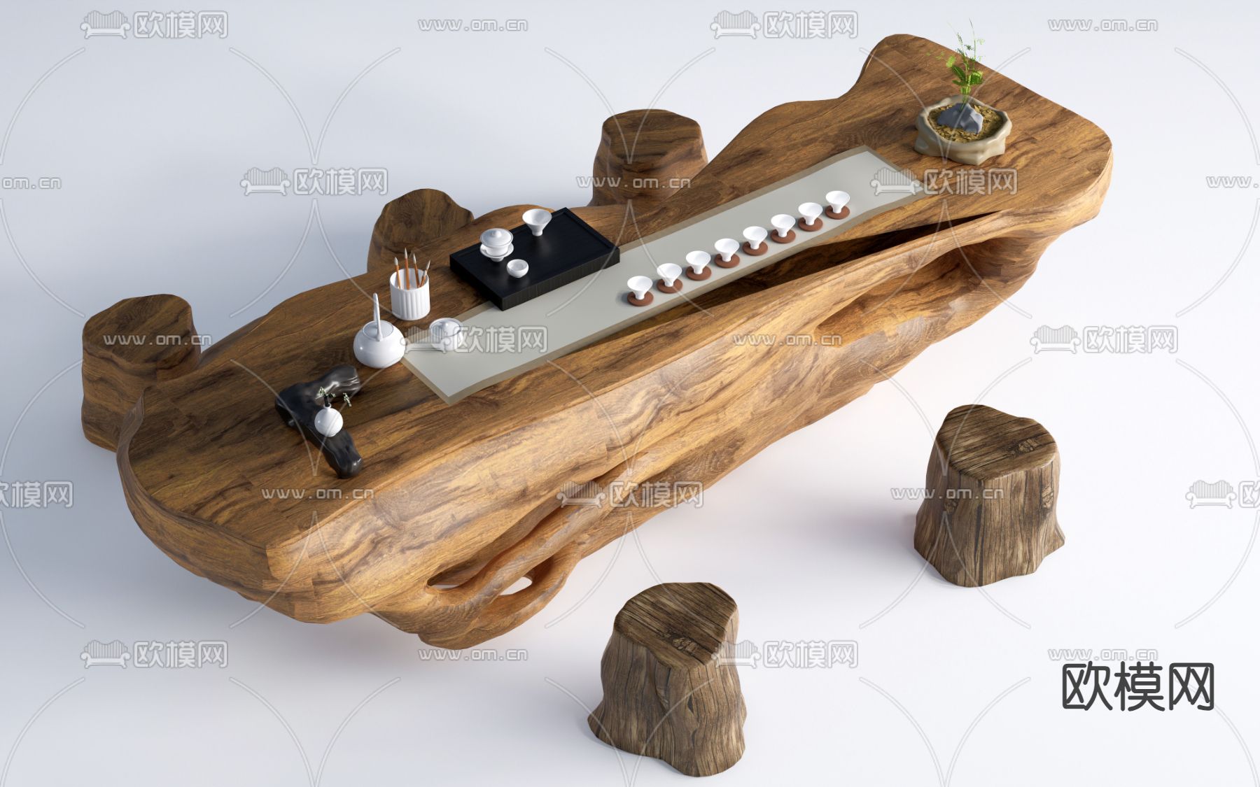 中式树桩茶桌 茶桌椅su模型下载（渲染图2）