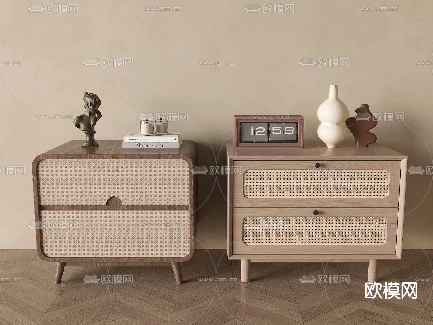 侘寂风藤编床头柜su模型下载（渲染图2）