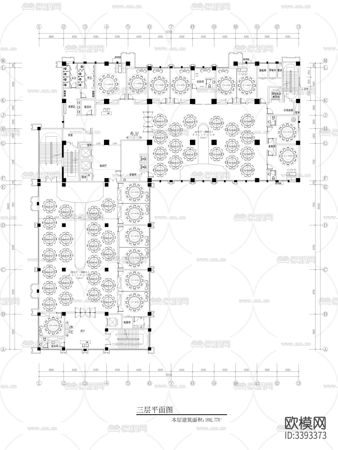 7000平方四层宴会酒店CAD平面图下载（渲染图2）