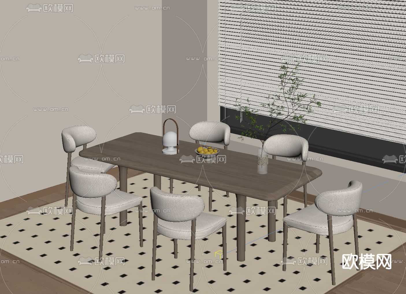 奶油风餐桌椅su模型下载（渲染图1）