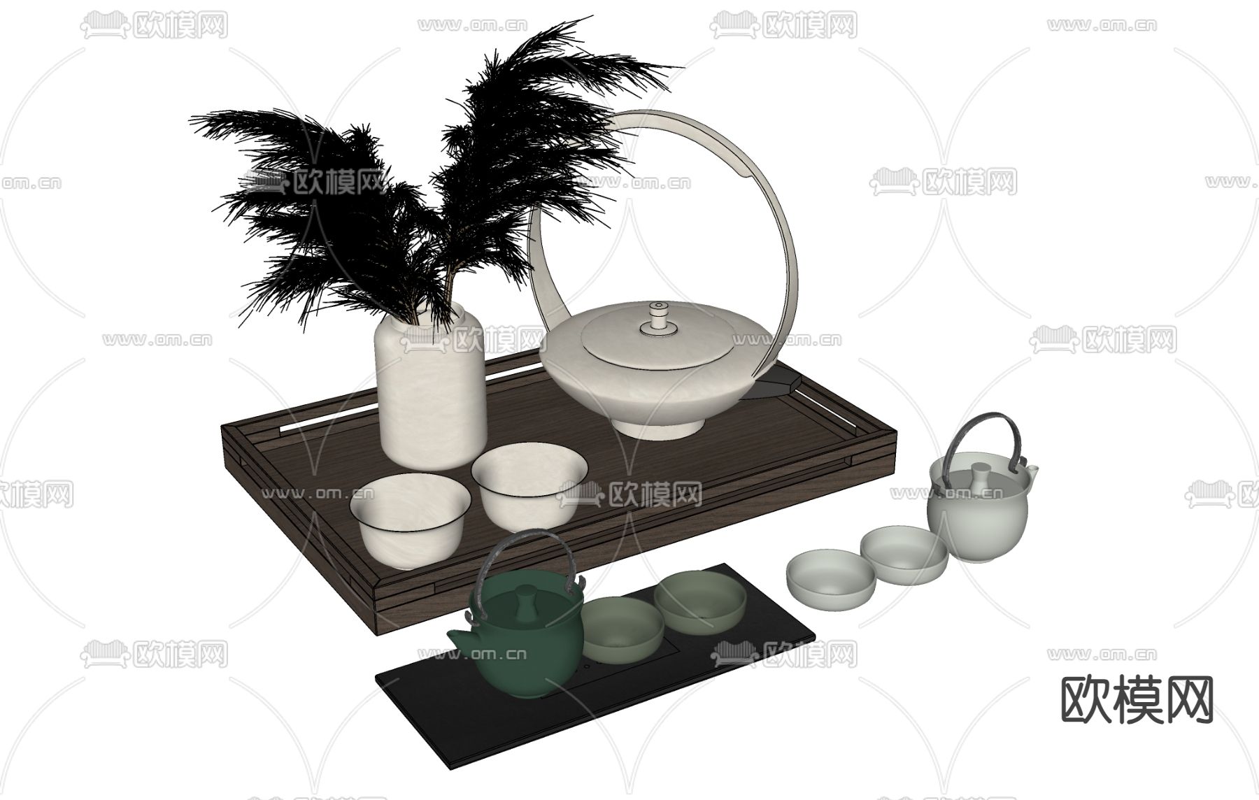 新中式茶具 茶杯 茶壶 茶盘su模型下载（渲染图1）