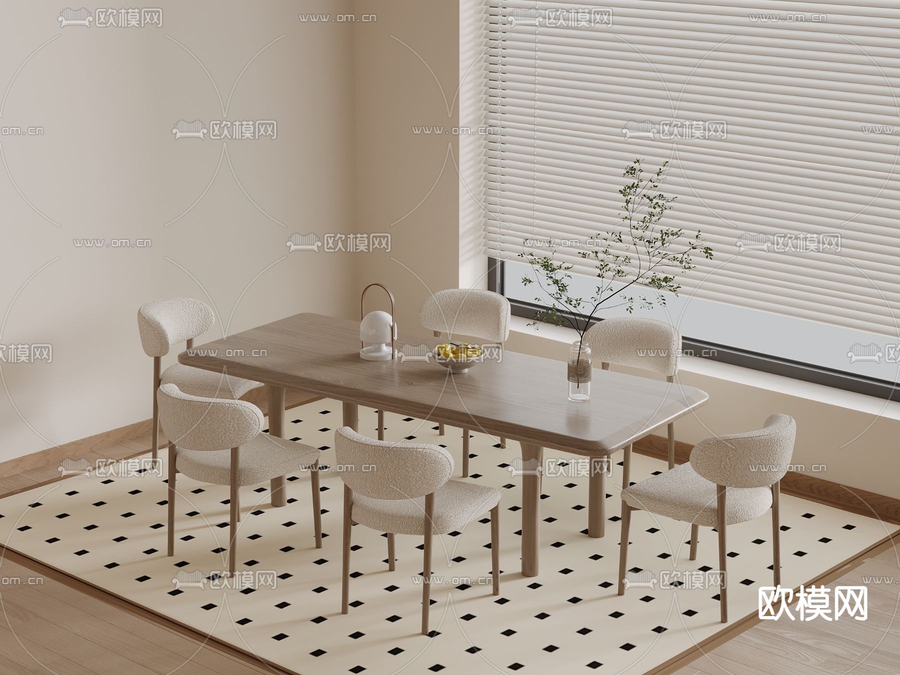 奶油风餐桌椅su模型下载（渲染图2）
