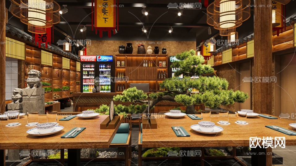 中式中餐厅 复古湘菜馆3d模型下载(渲染图2)