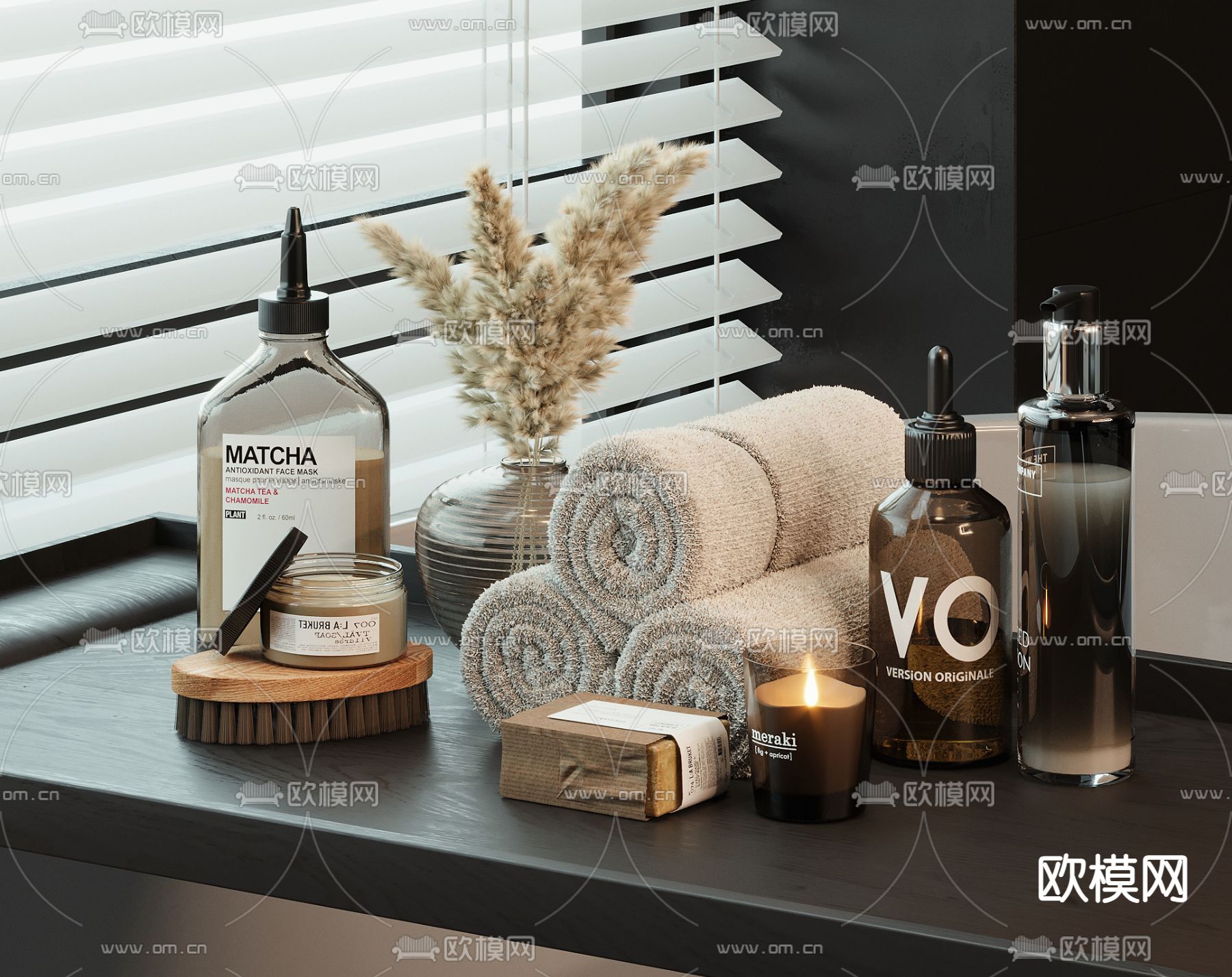 现代洗浴用品 毛巾卷 化妆品 香水3d模型下载