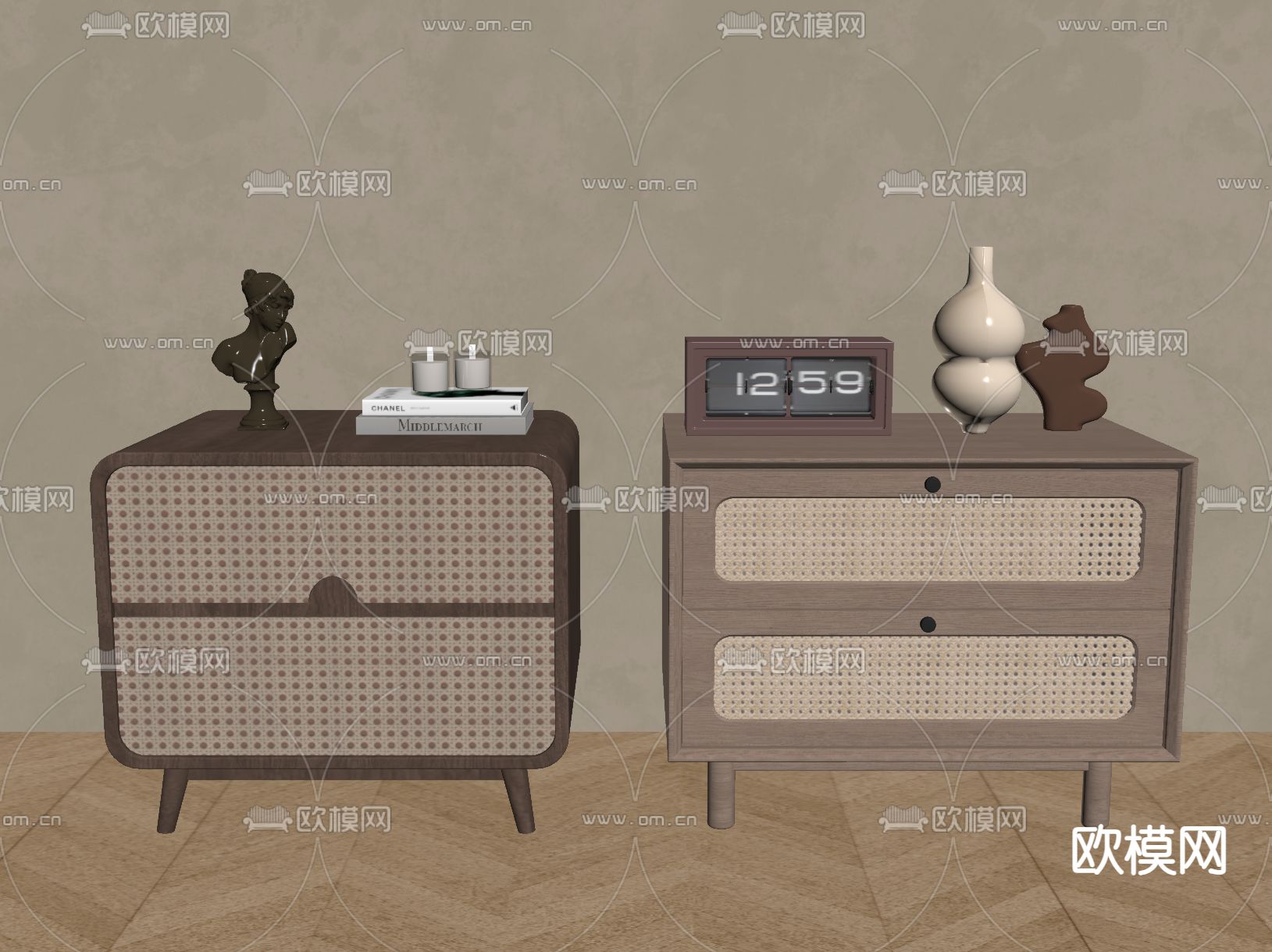 侘寂风藤编床头柜su模型下载（渲染图1）