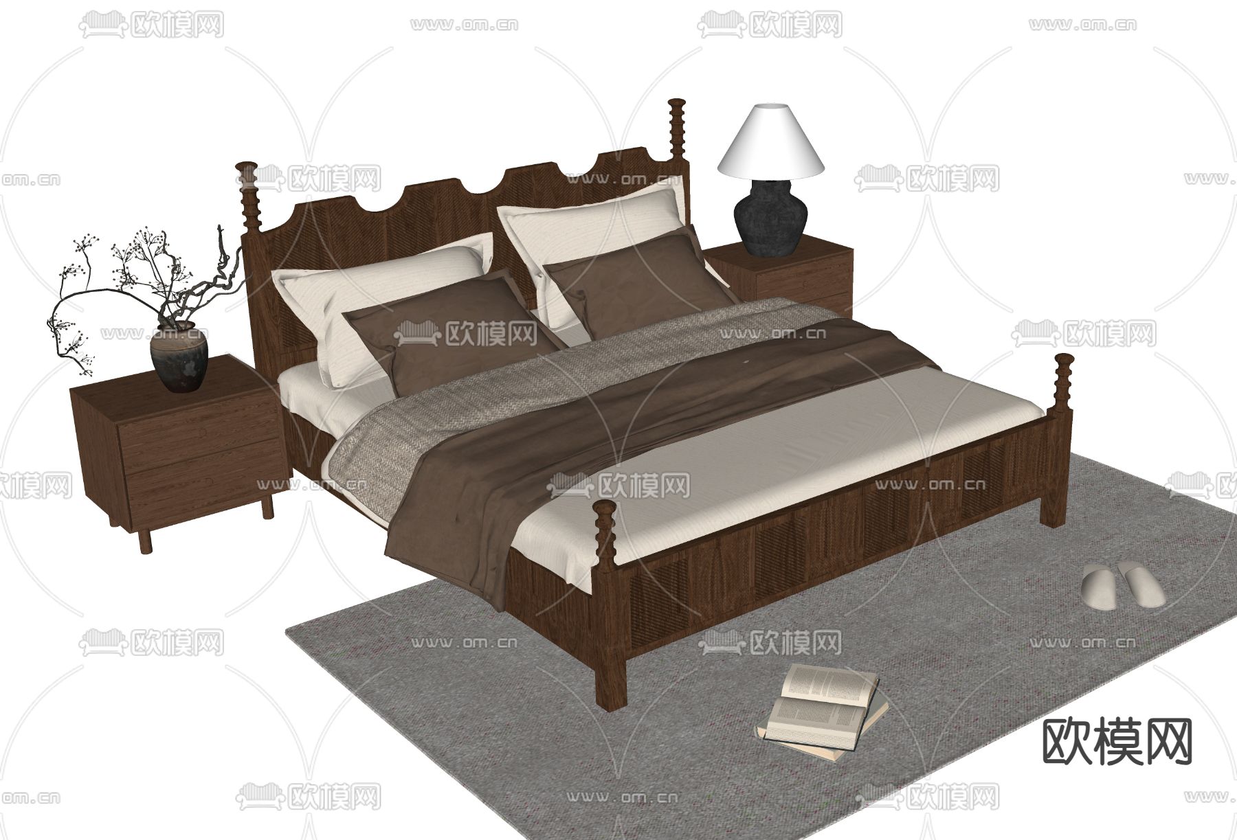 中古风双人床su模型下载（渲染图1）