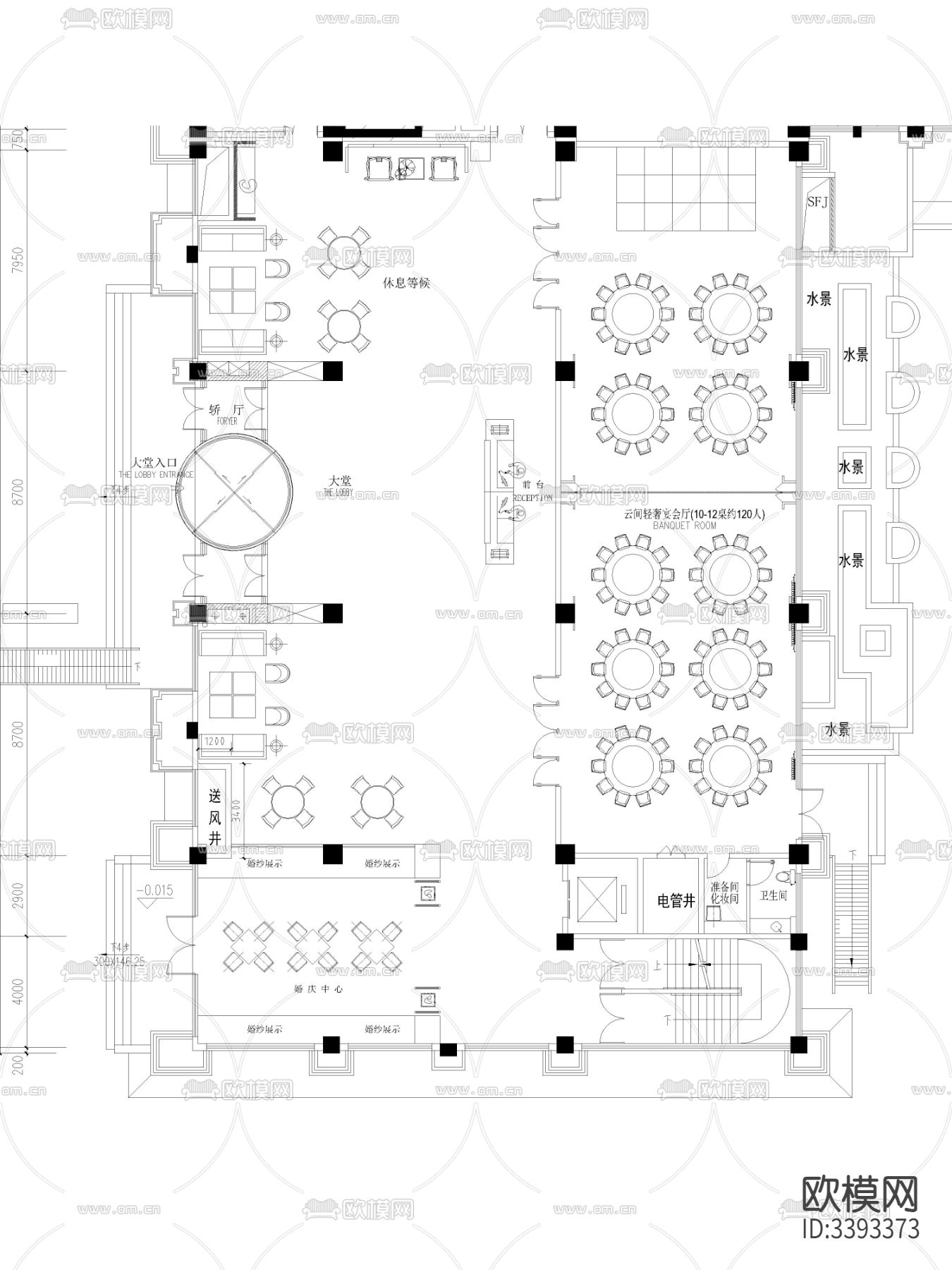 7000平方四层宴会酒店CAD平面图下载（渲染图3）