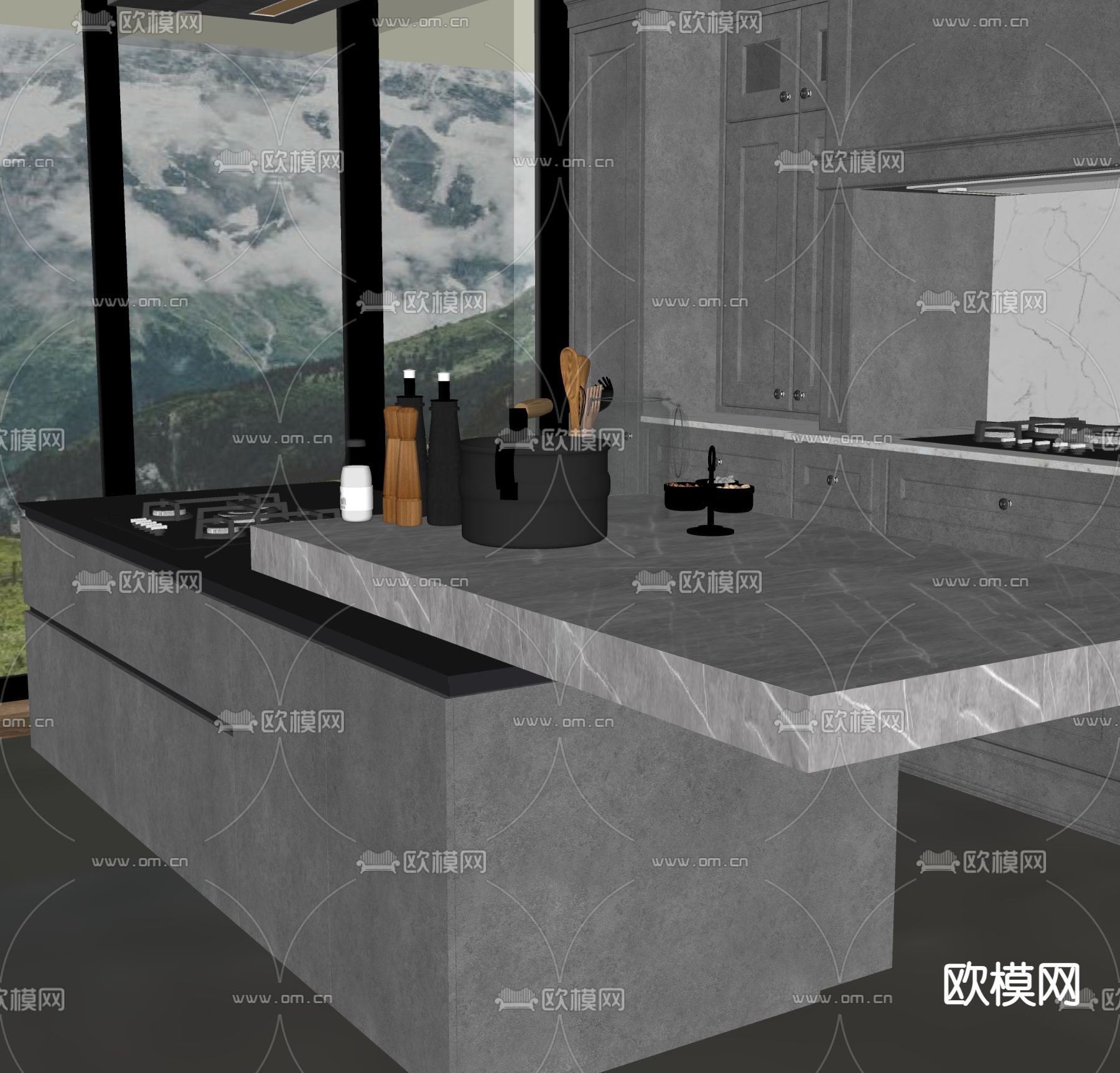 现代厨房 岛台su模型下载（渲染图1）