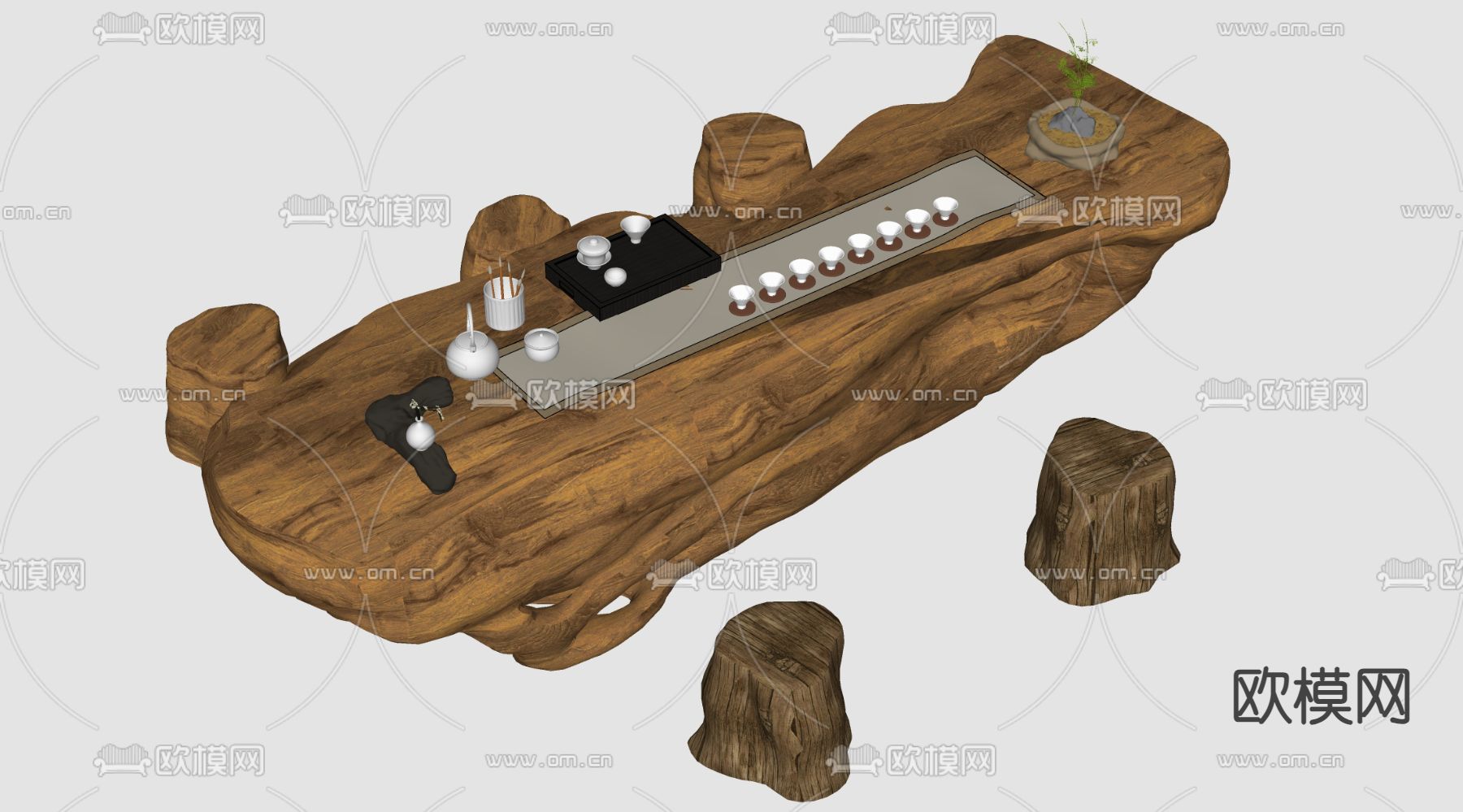 中式树桩茶桌 茶桌椅su模型下载（渲染图1）