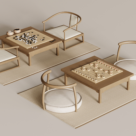  新中式围棋桌椅 象棋桌椅su模型 