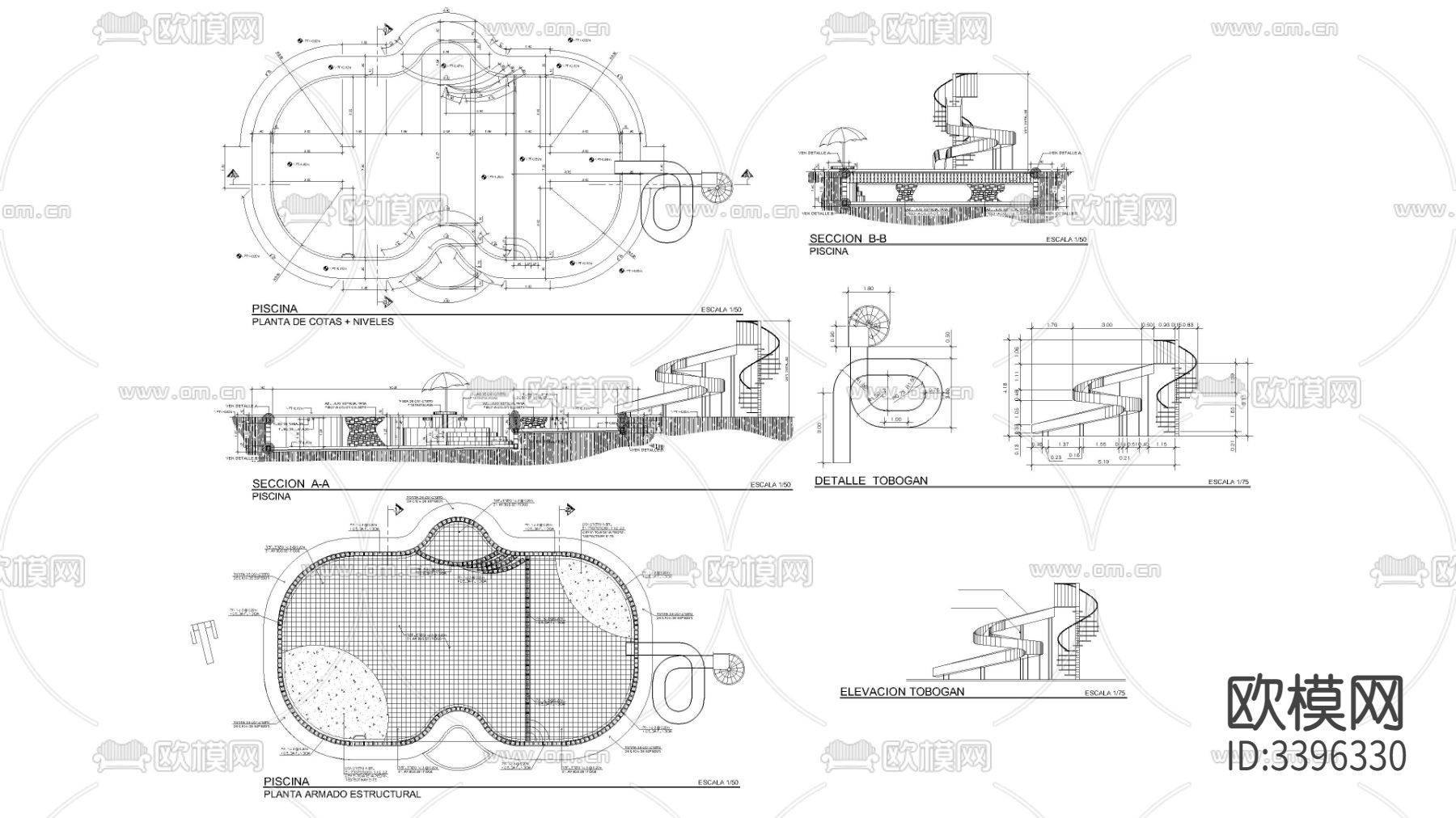 带水滑道的免费游泳池cad大样图下载