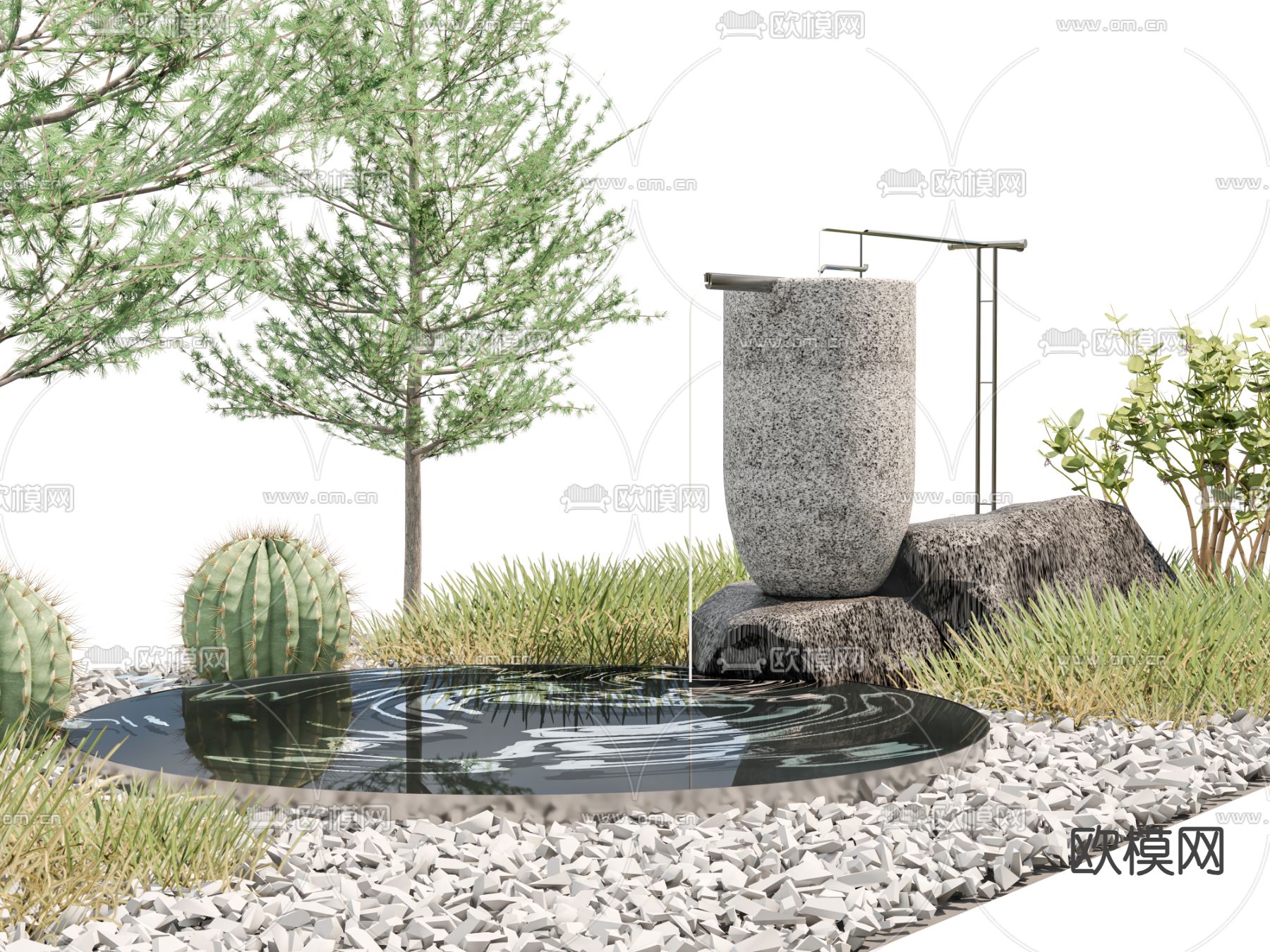 新中式庭院景观 陶罐流水3d模型下载