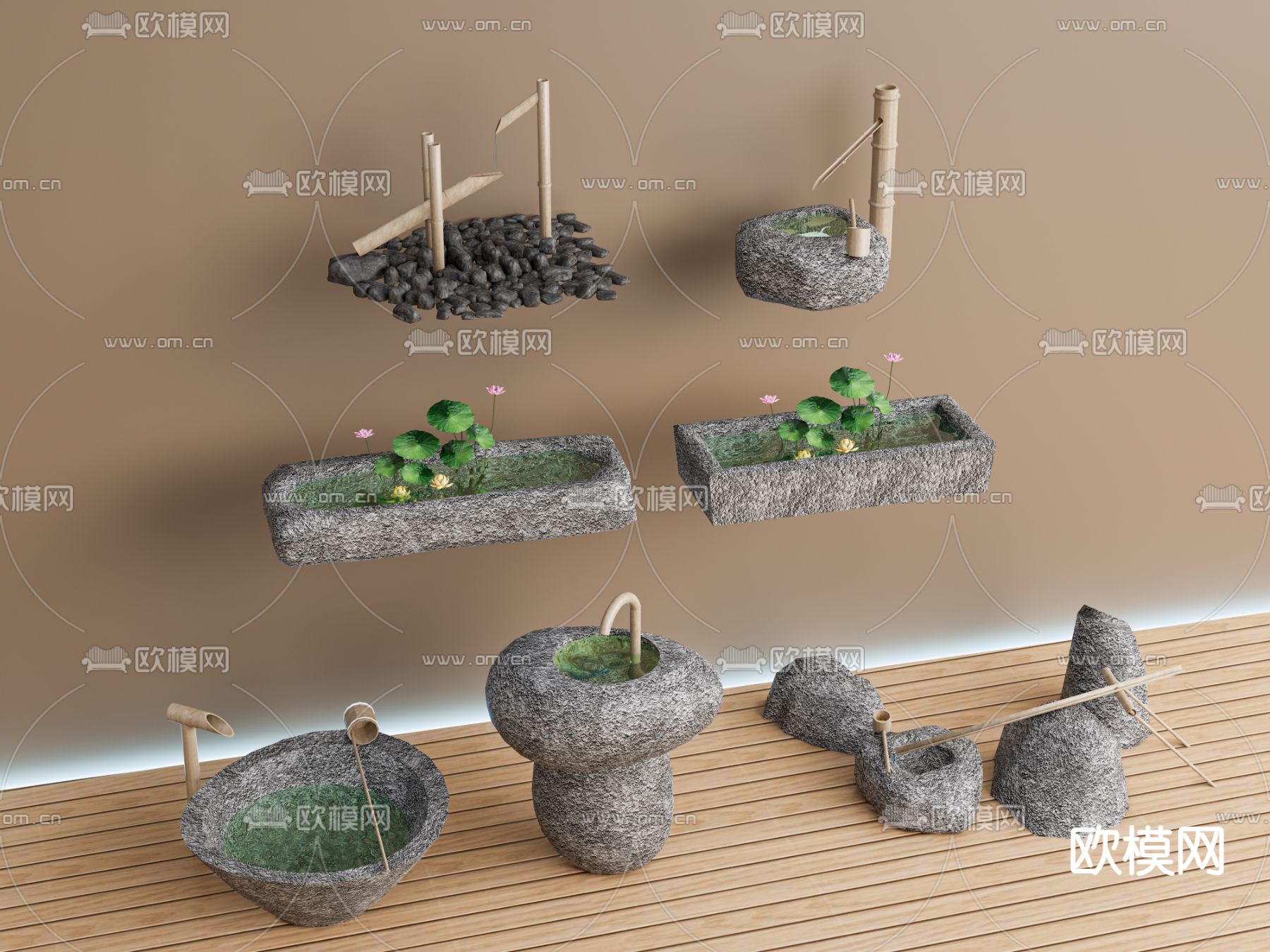 新中式庭院水景 水钵 荷花池3d模型下载