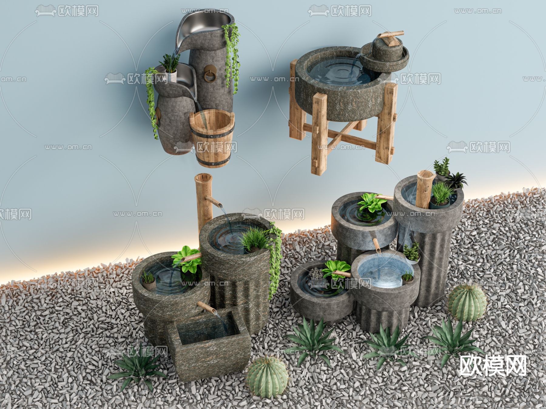 中式流水石磨 流水小品3d模型下载