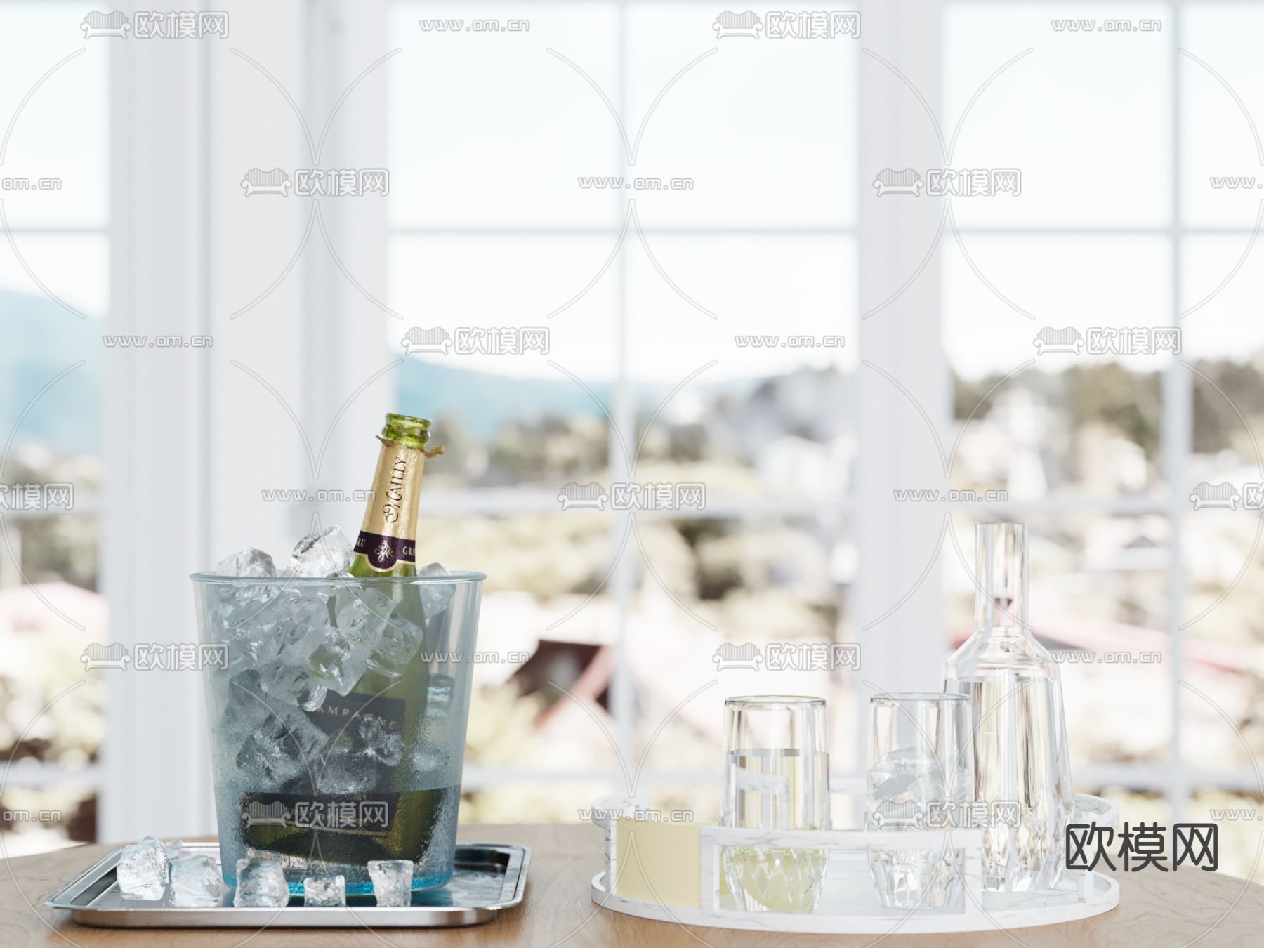 现代酒水 冰桶 酒 酒具su模型下载（渲染图2）