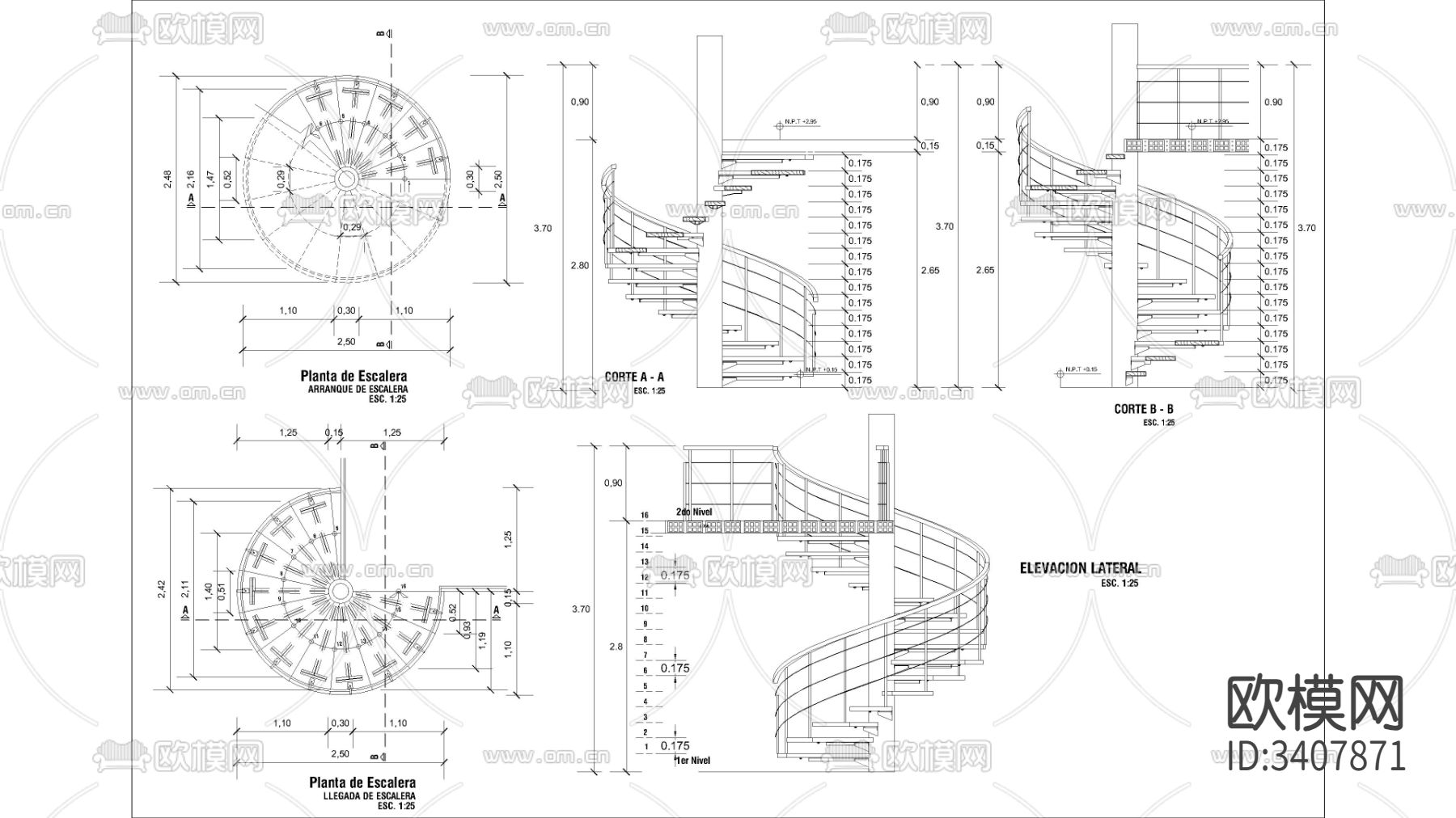 旋转楼梯cad大样图下载（渲染图2）