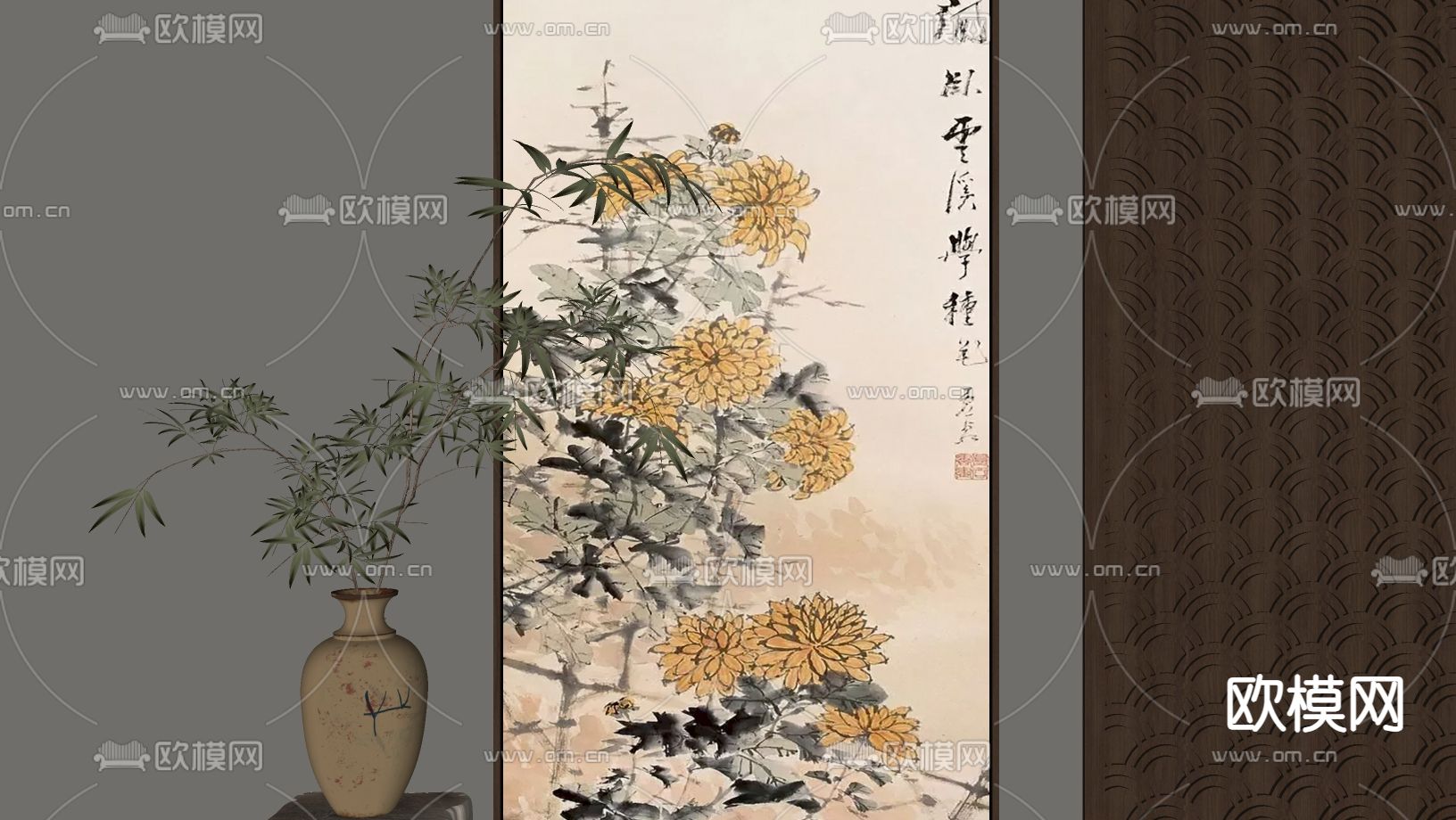 新中式装饰画 挂画su模型下载（渲染图1）