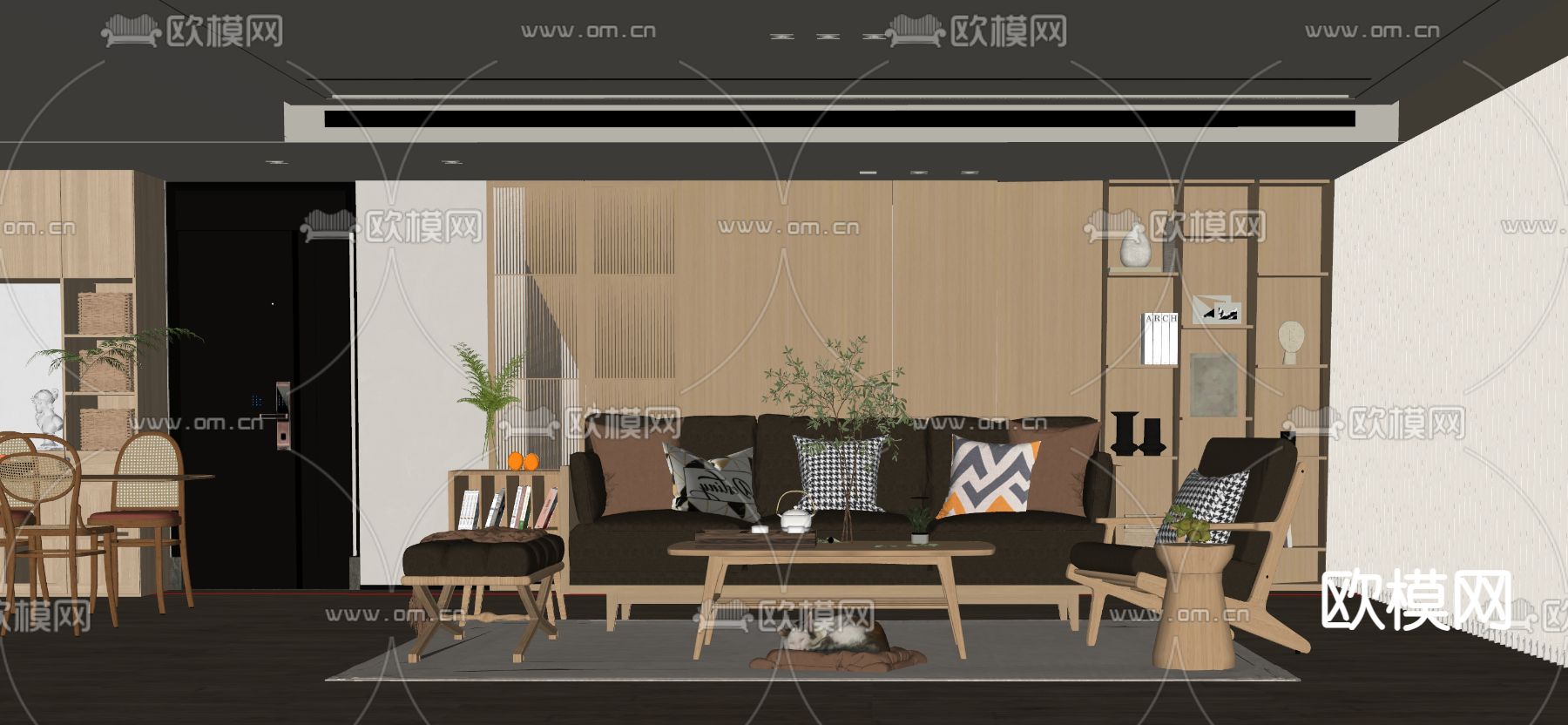 原木风客厅su模型下载（渲染图1）