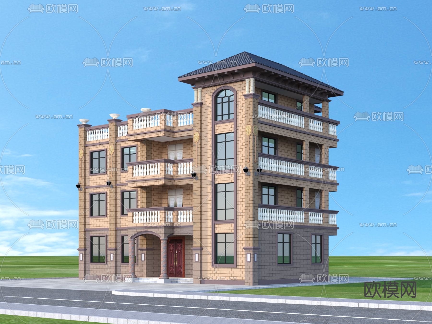 简欧别墅外观3d模型下载（渲染图1）