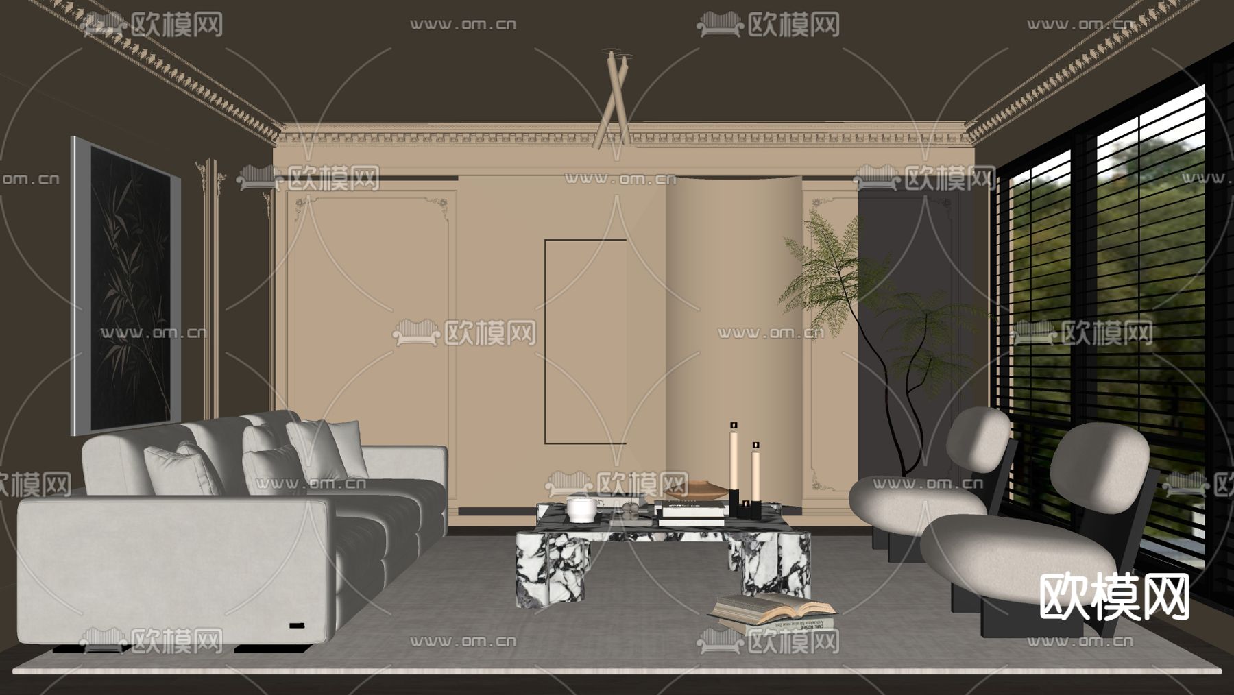 中古风客厅su模型下载（渲染图1）