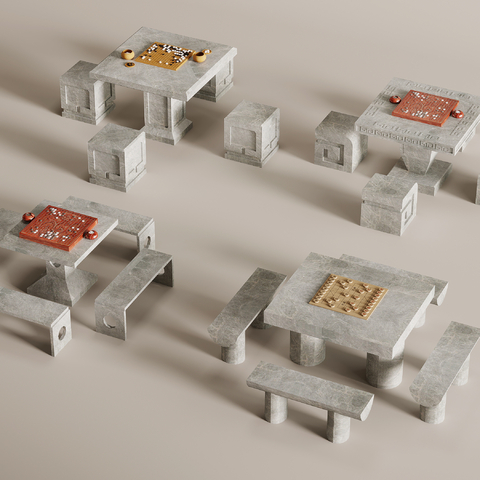  新中式围棋 象棋 石桌椅su模型 