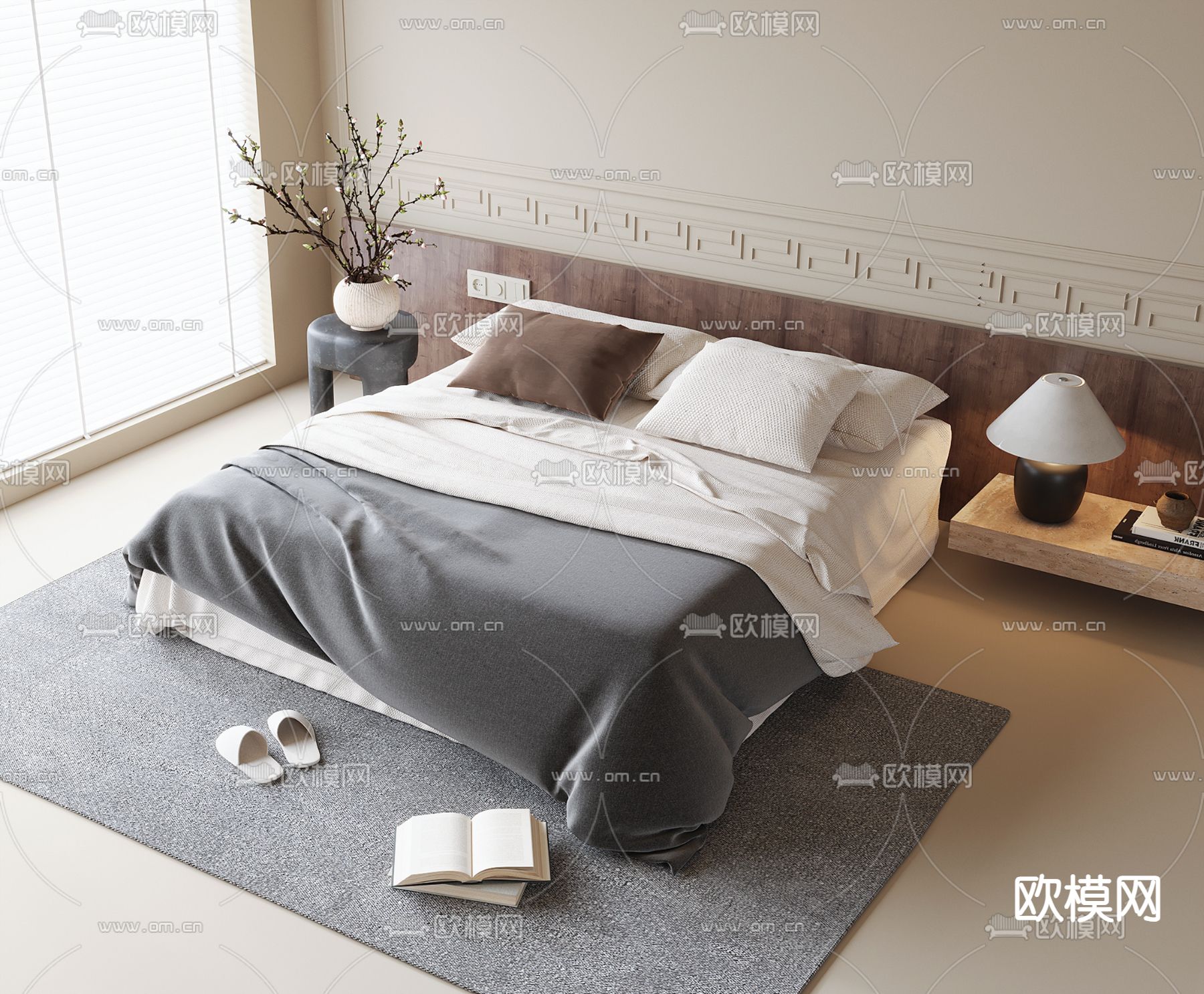 中古风双人床su模型下载（渲染图2）