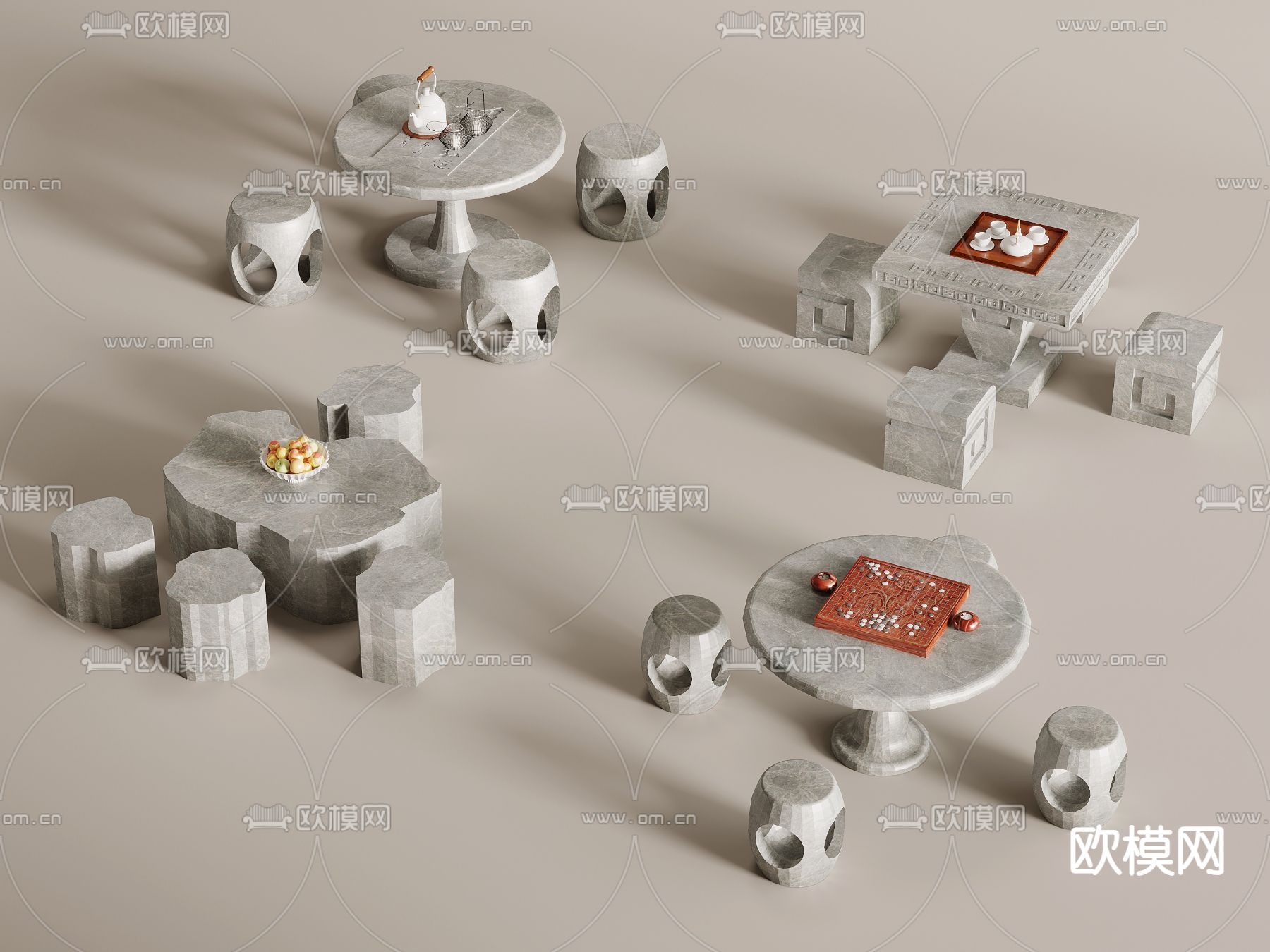 新中式石桌石凳 户外桌椅su模型下载（渲染图2）