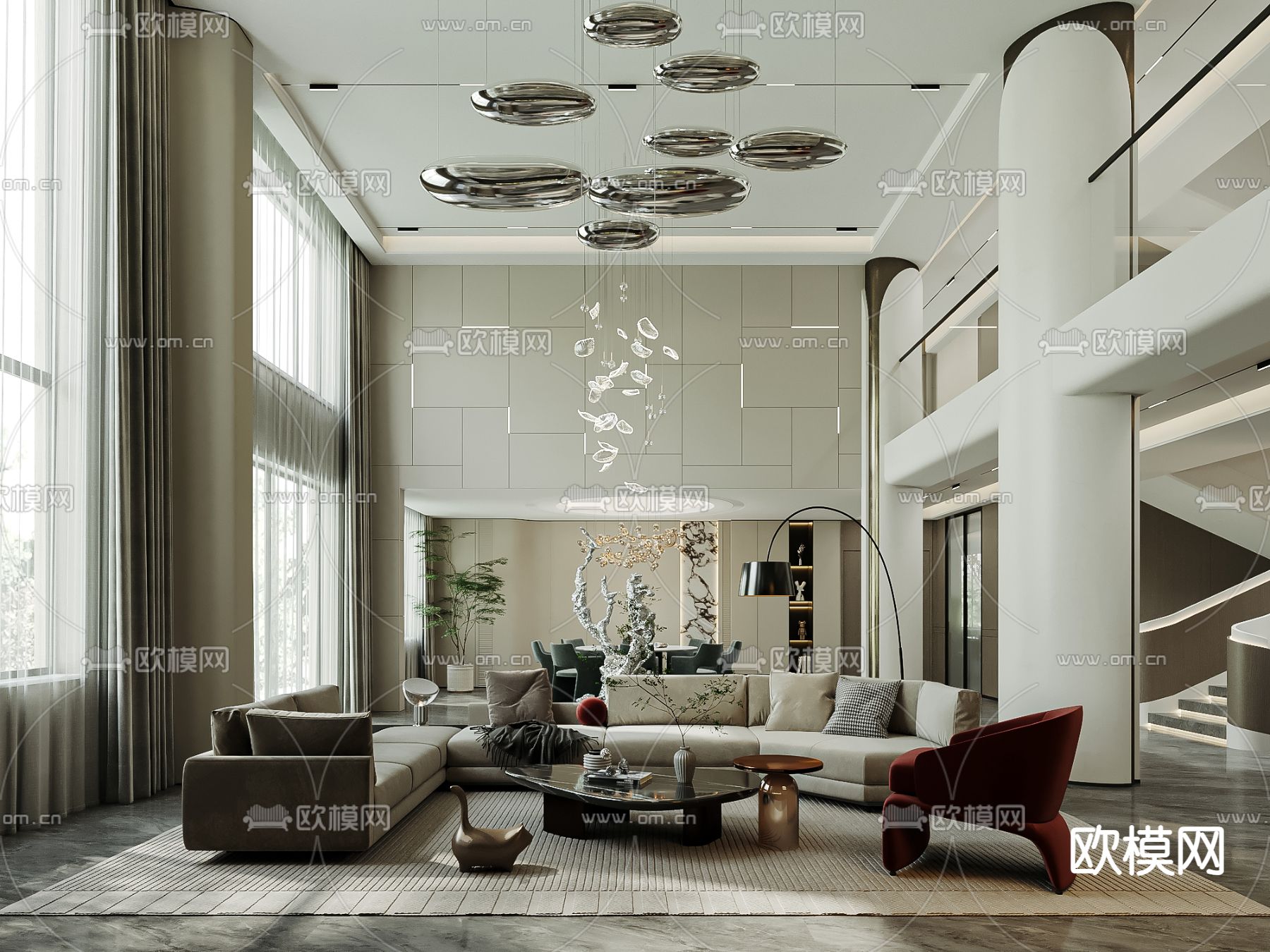 现代别墅客厅 挑空客厅su模型下载（渲染图5）