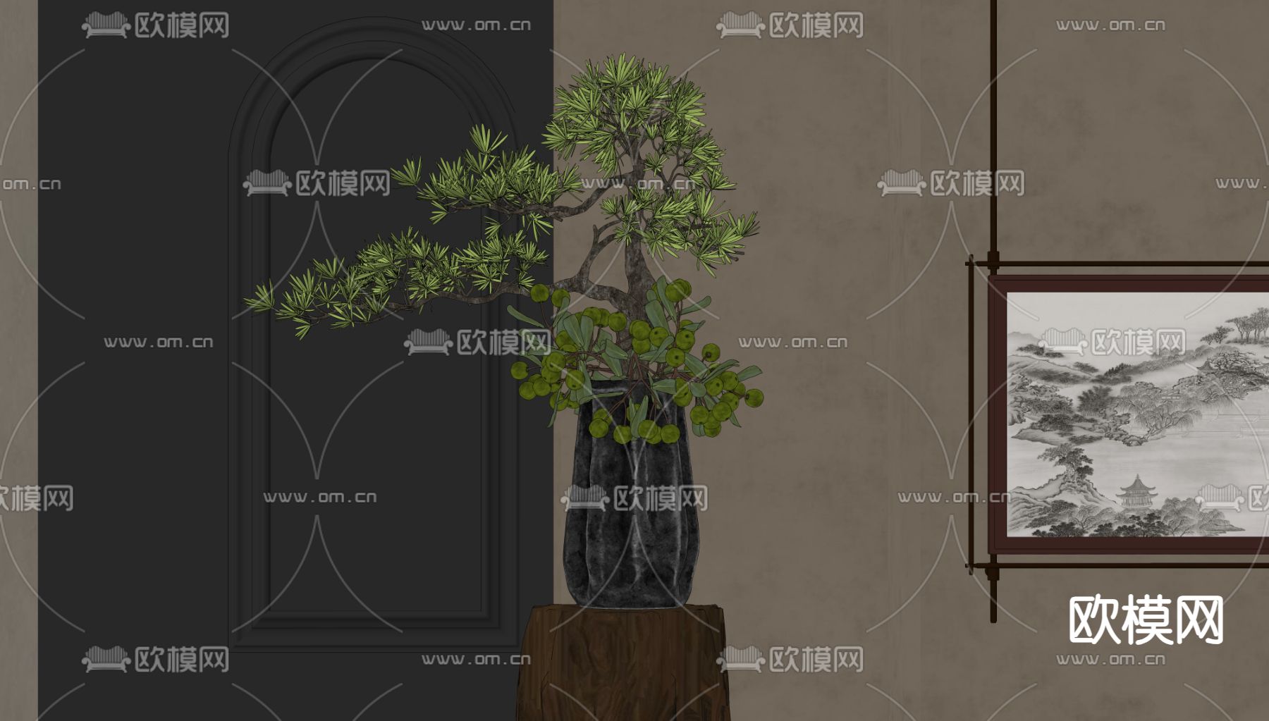 新中式盆栽 植物 绿植su模型下载（渲染图1）