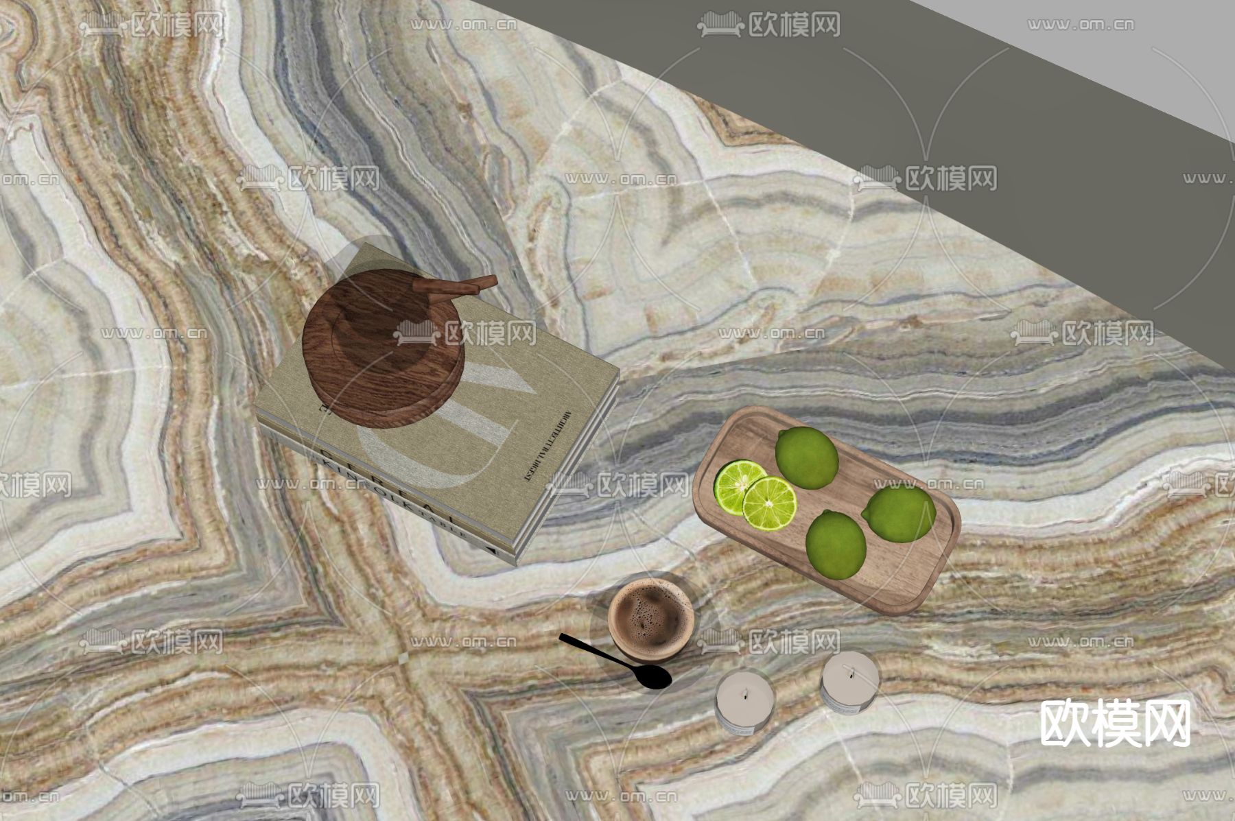 水果 咖啡 果盘 柠檬 书籍su模型下载（渲染图1）