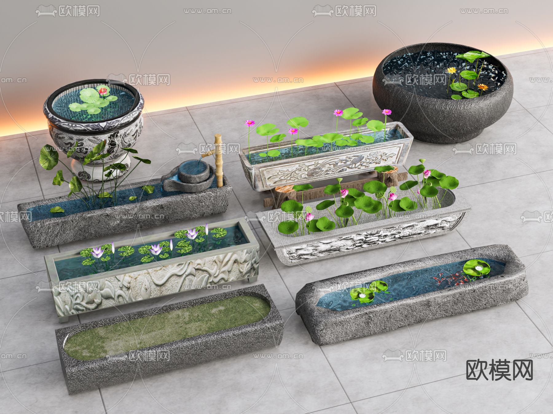 新中式庭院小品 荷花池3d模型下载