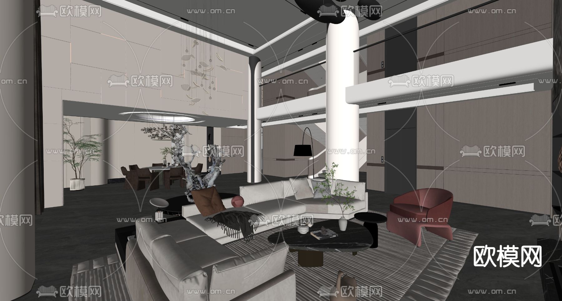 现代别墅客厅 挑空客厅su模型下载（渲染图1）
