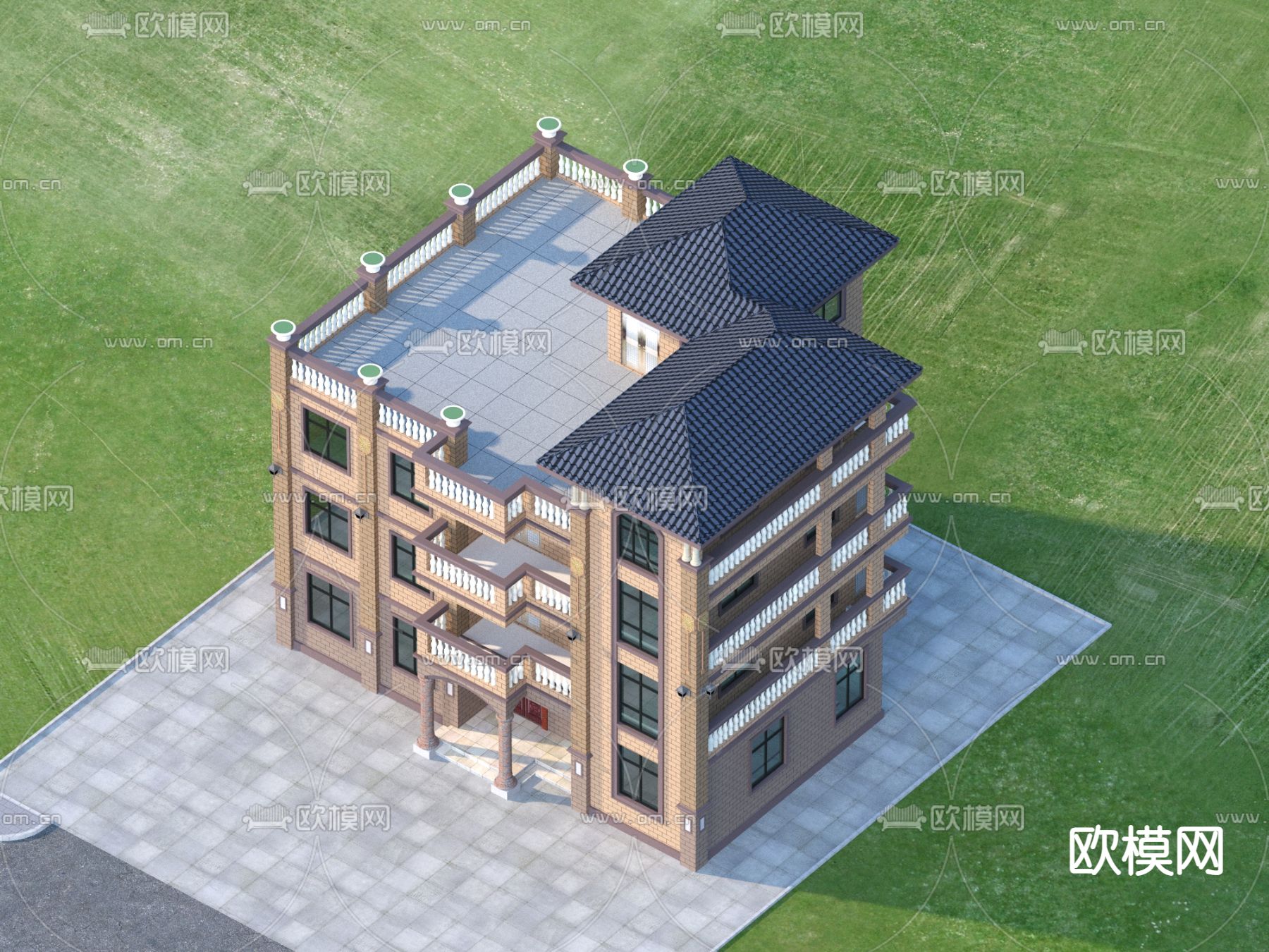 简欧别墅外观3d模型下载（渲染图2）